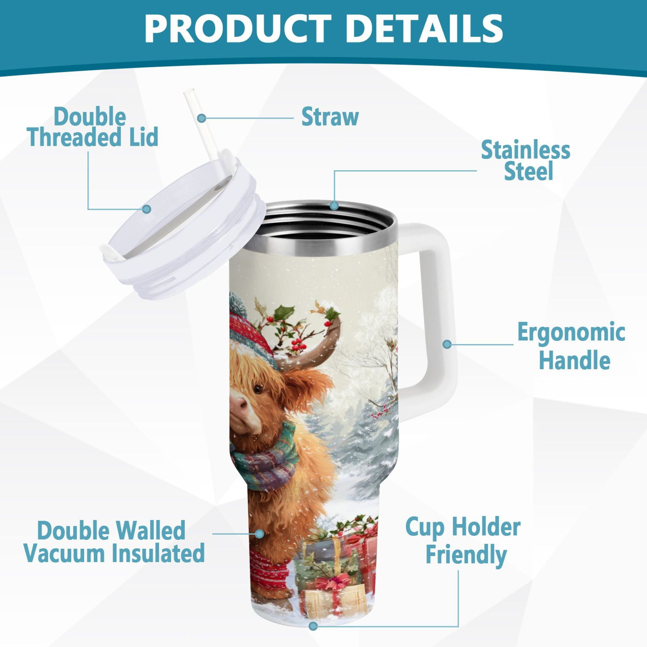 30 oz Insulated Stainless Steel Tumbler Double Wall Stainless Steel Tumbler with 2-Way Drinking Cow Wearing Christmas Hat - Choice 987
