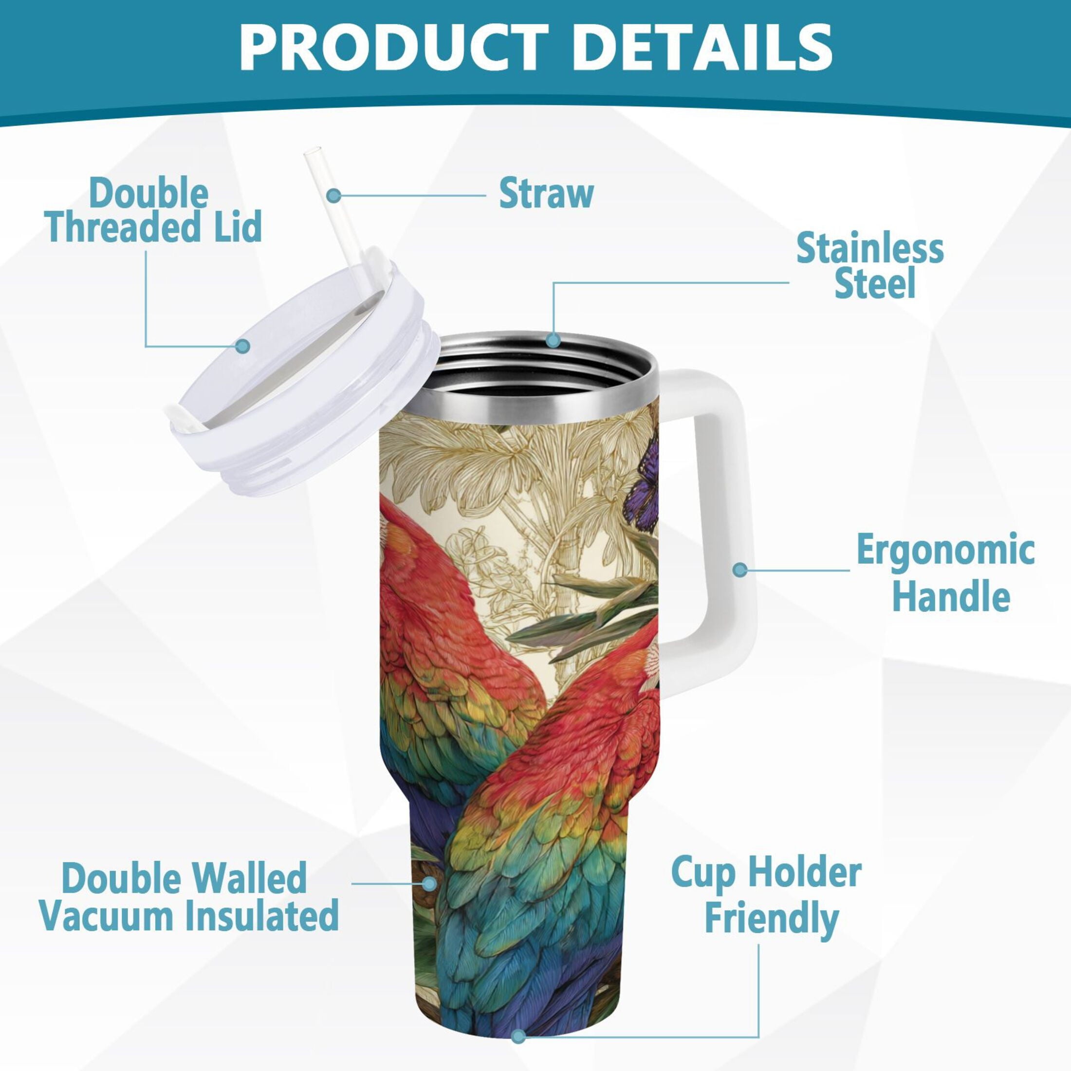 30 oz Insulated Stainless Steel Tumbler Double Wall Stainless Steel Tumbler with 2-Way Drinking Colorful Beautiful Parrots - Choice 284