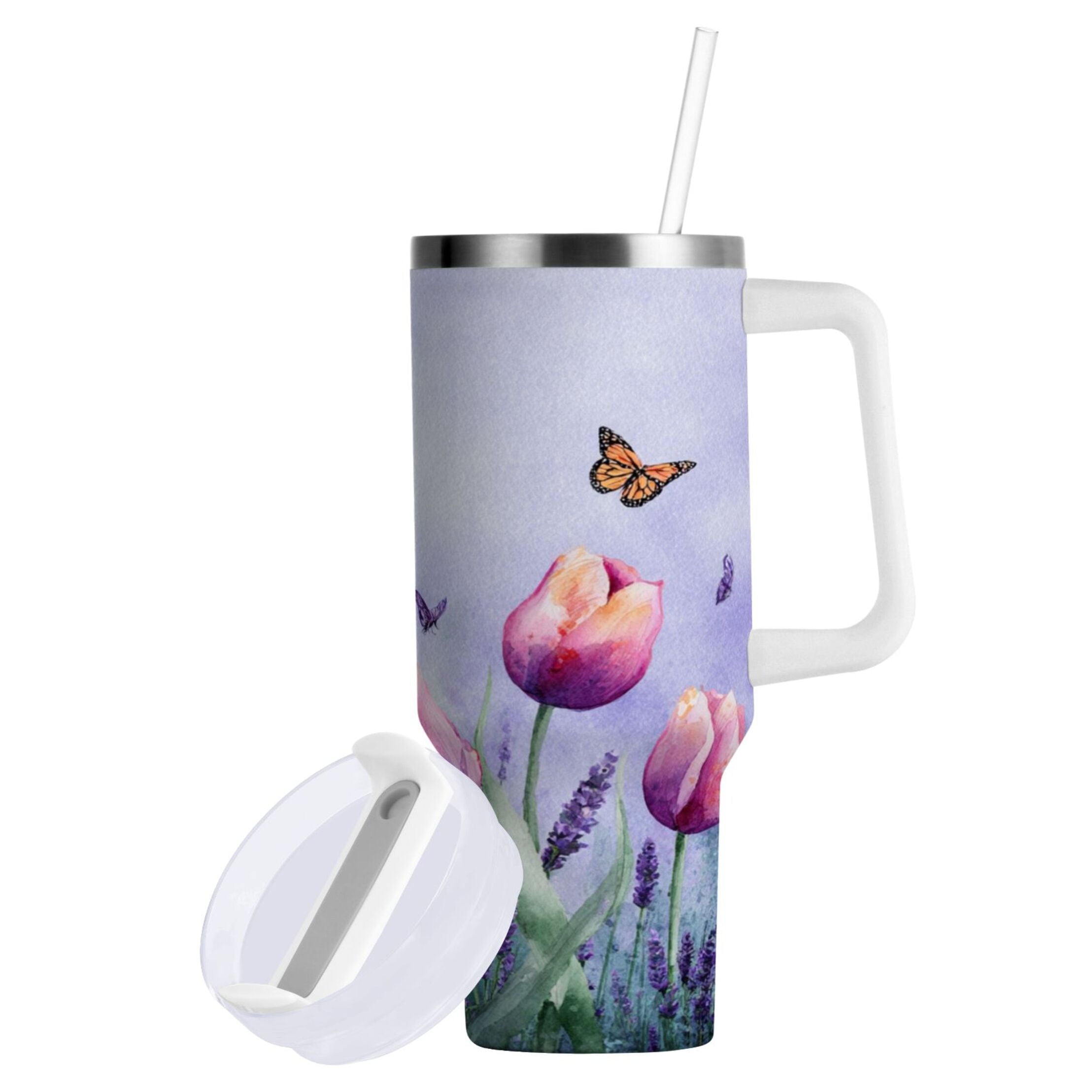 30 oz Insulated Stainless Steel Tumbler Double Wall Stainless Steel Tumbler with 2-Way Drinking Watercolor Tulips and Lavender - Choice 408