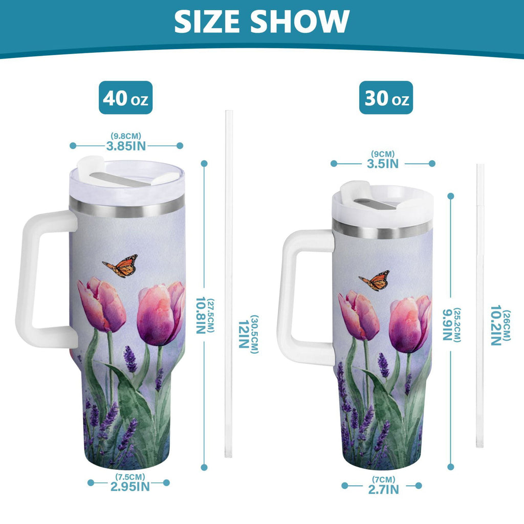 30 oz Insulated Stainless Steel Tumbler Double Wall Stainless Steel Tumbler with 2-Way Drinking Watercolor Tulips and Lavender - Choice 408