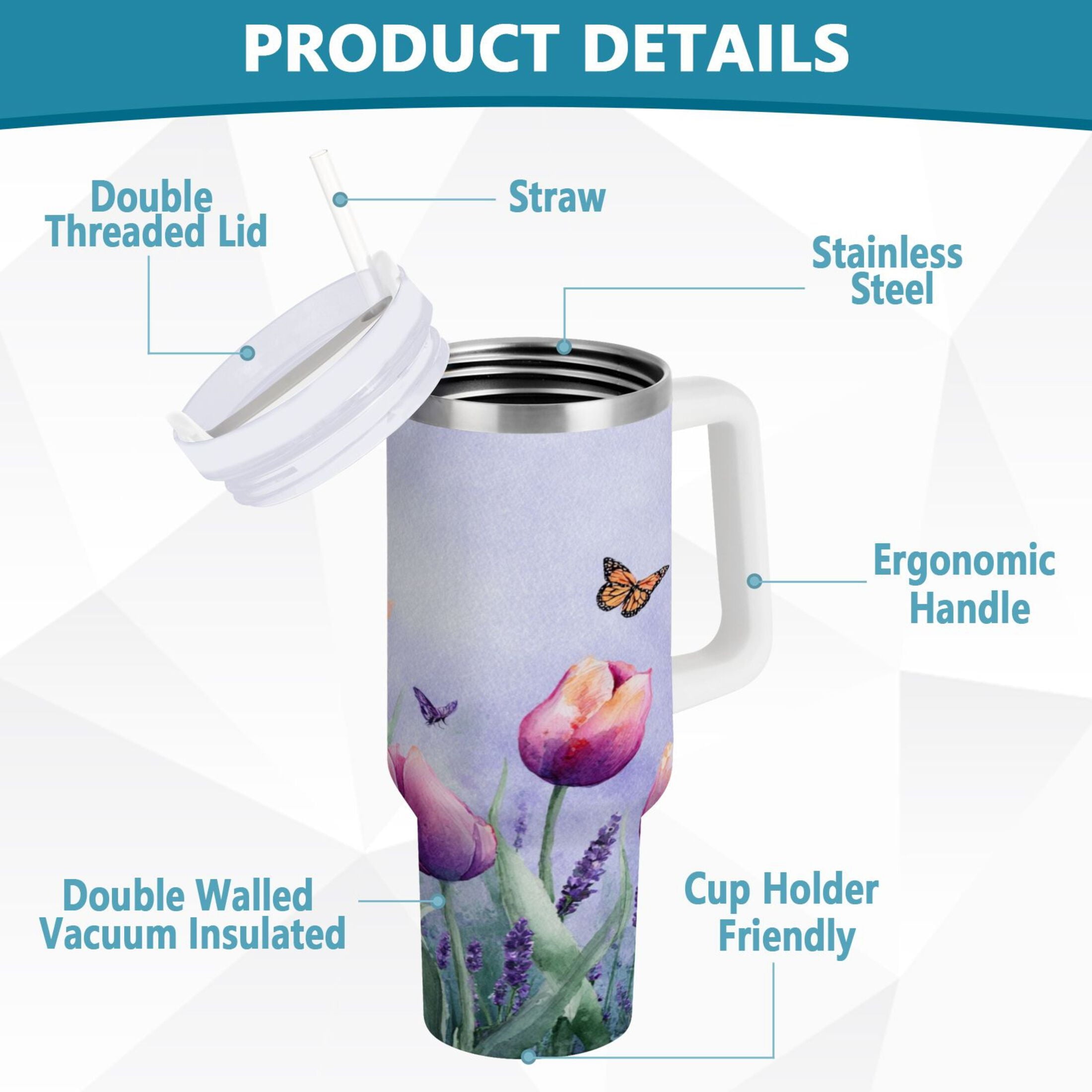 30 oz Insulated Stainless Steel Tumbler Double Wall Stainless Steel Tumbler with 2-Way Drinking Watercolor Tulips and Lavender - Choice 408