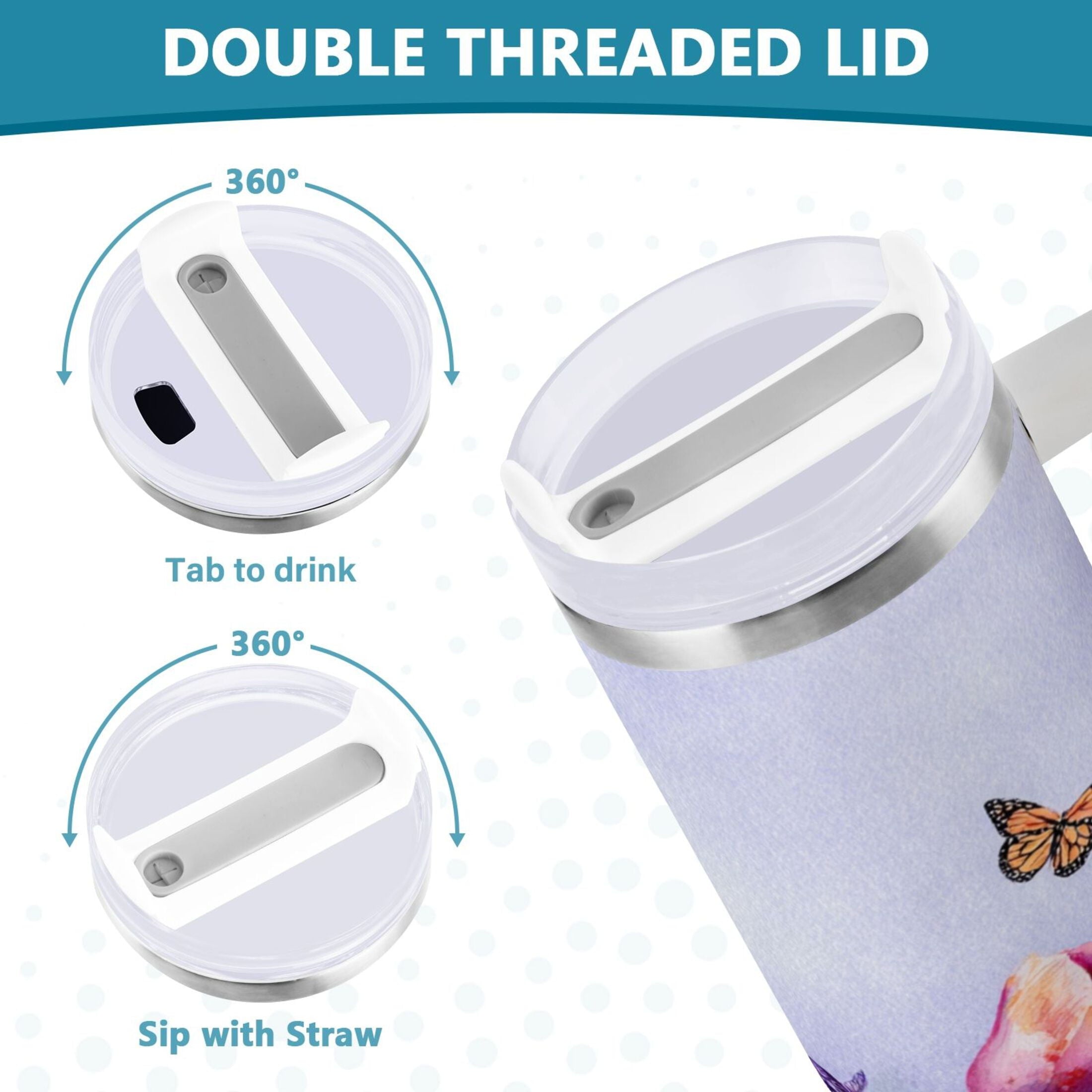 30 oz Insulated Stainless Steel Tumbler Double Wall Stainless Steel Tumbler with 2-Way Drinking Watercolor Tulips and Lavender - Choice 408