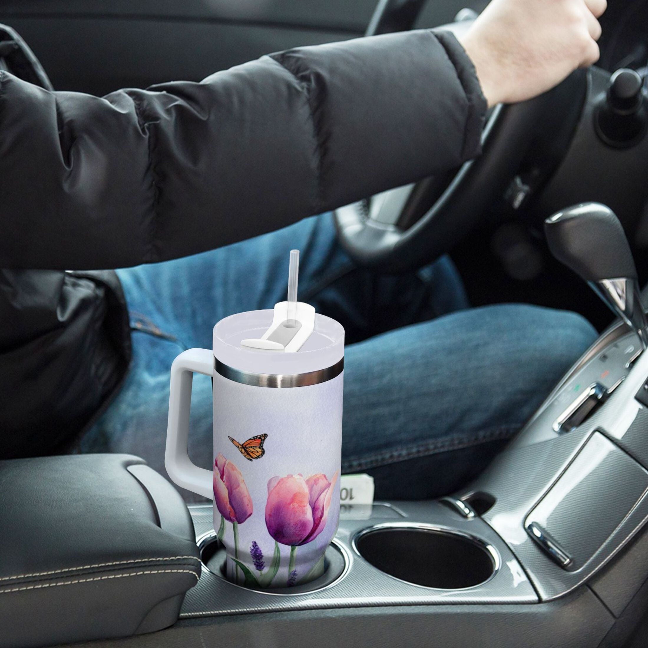 30 oz Insulated Stainless Steel Tumbler Double Wall Stainless Steel Tumbler with 2-Way Drinking Watercolor Tulips and Lavender - Choice 408