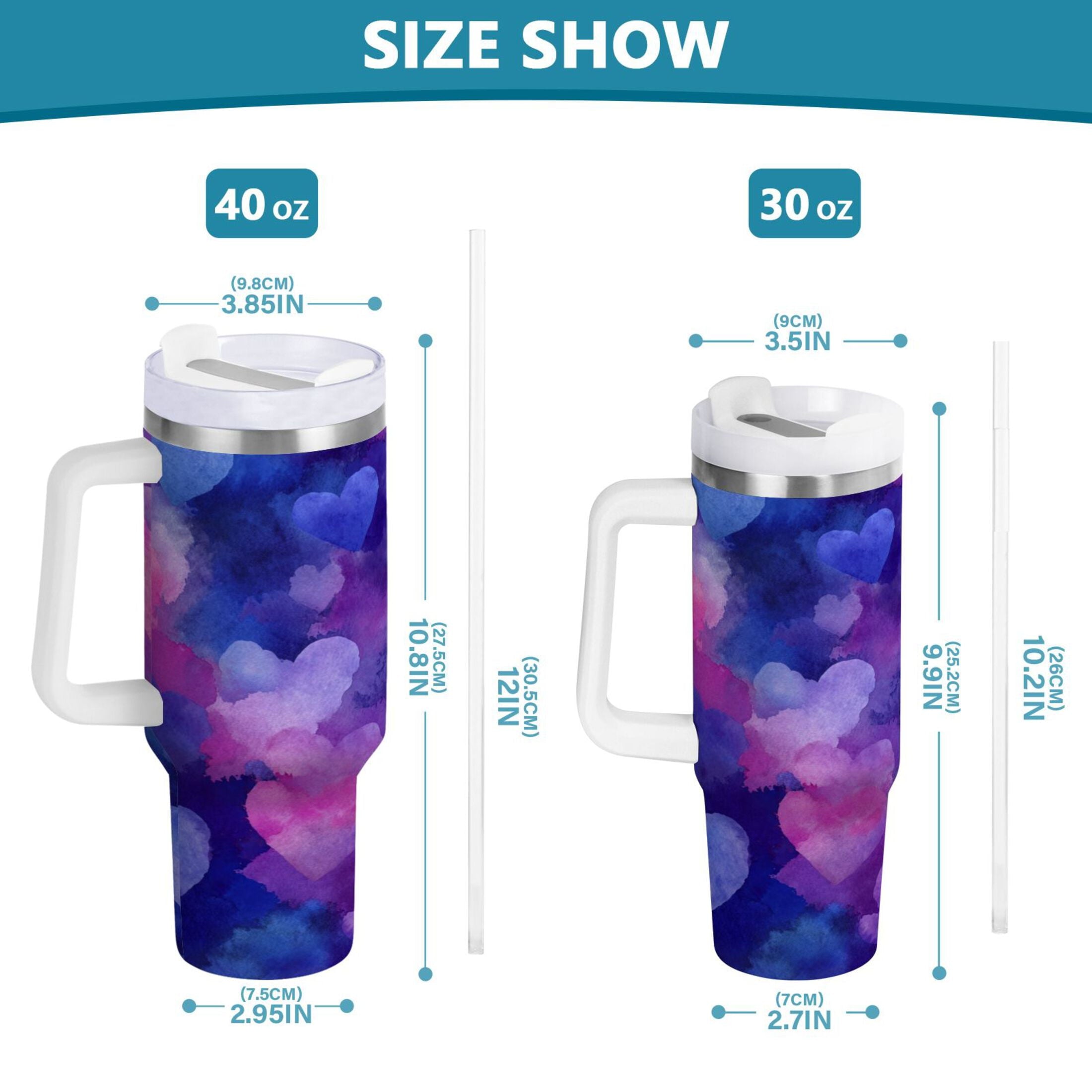 30 oz Insulated Stainless Steel Tumbler Double Wall Stainless Steel Tumbler with 2-Way Drinking Indigo and Violet Hearts - Choice 498