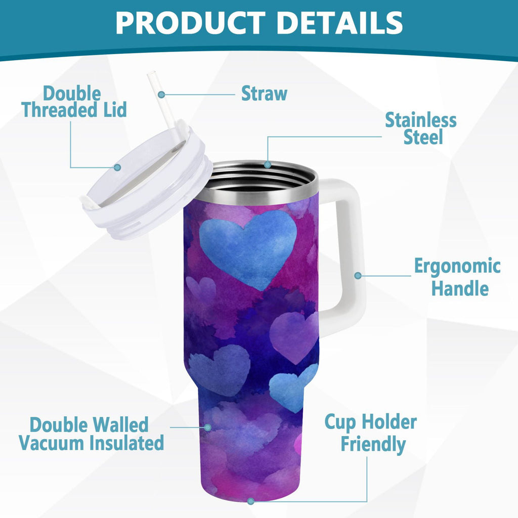 30 oz Insulated Stainless Steel Tumbler Double Wall Stainless Steel Tumbler with 2-Way Drinking Indigo and Violet Hearts - Choice 498