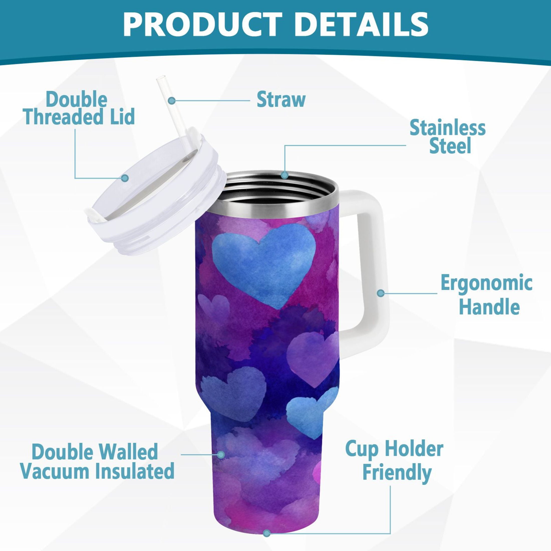 30 oz Insulated Stainless Steel Tumbler Double Wall Stainless Steel Tumbler with 2-Way Drinking Indigo and Violet Hearts - Choice 498
