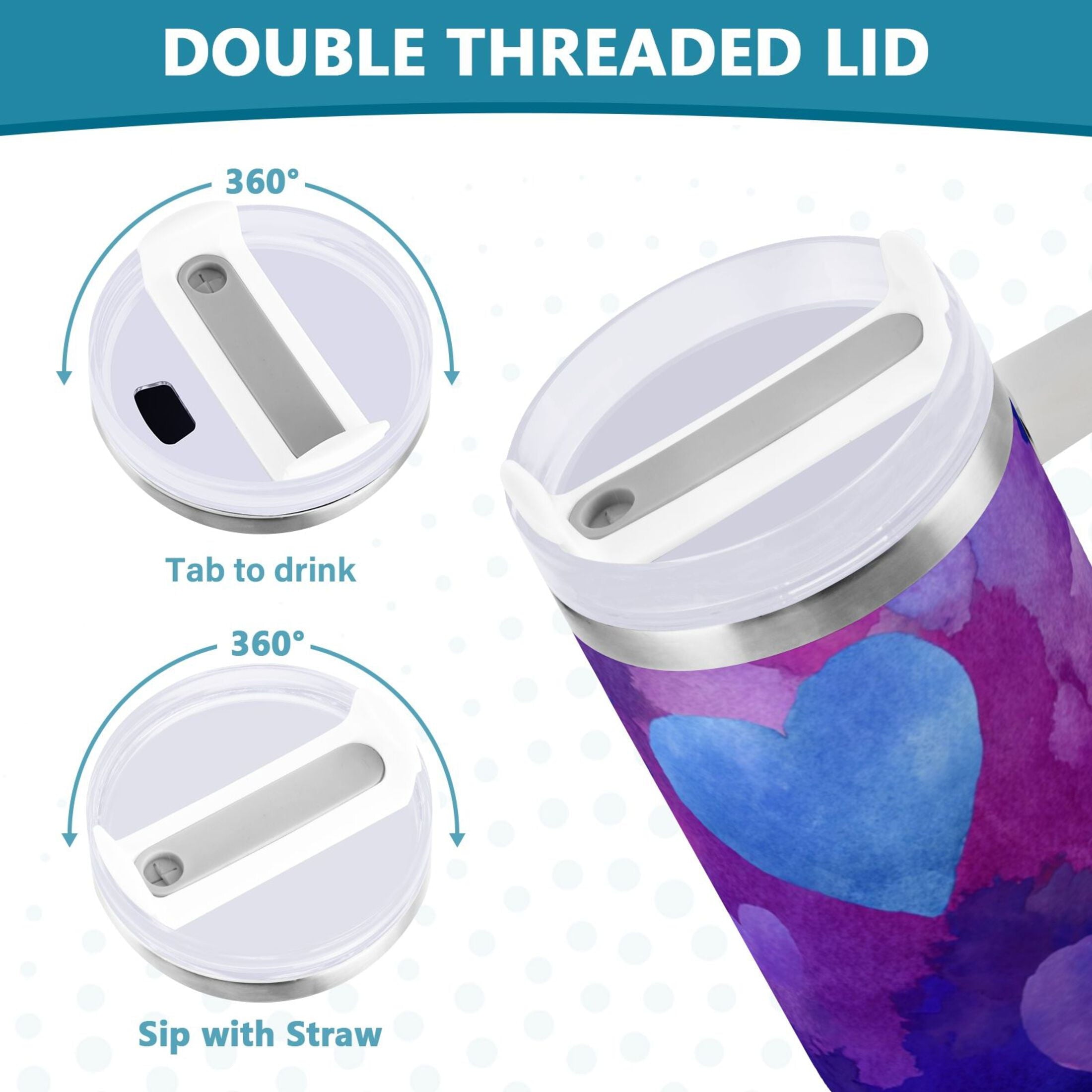 30 oz Insulated Stainless Steel Tumbler Double Wall Stainless Steel Tumbler with 2-Way Drinking Indigo and Violet Hearts - Choice 498
