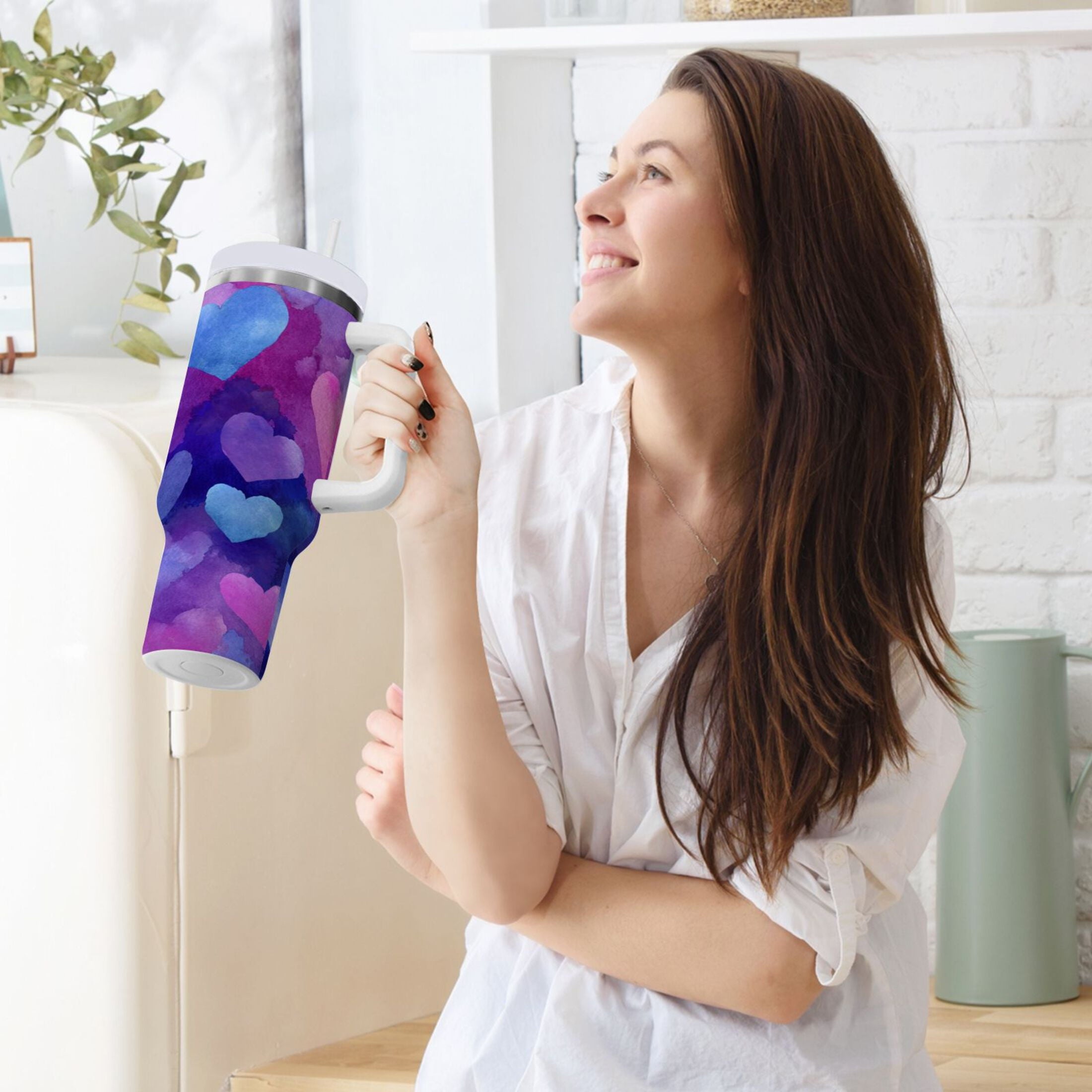 30 oz Insulated Stainless Steel Tumbler Double Wall Stainless Steel Tumbler with 2-Way Drinking Indigo and Violet Hearts - Choice 498
