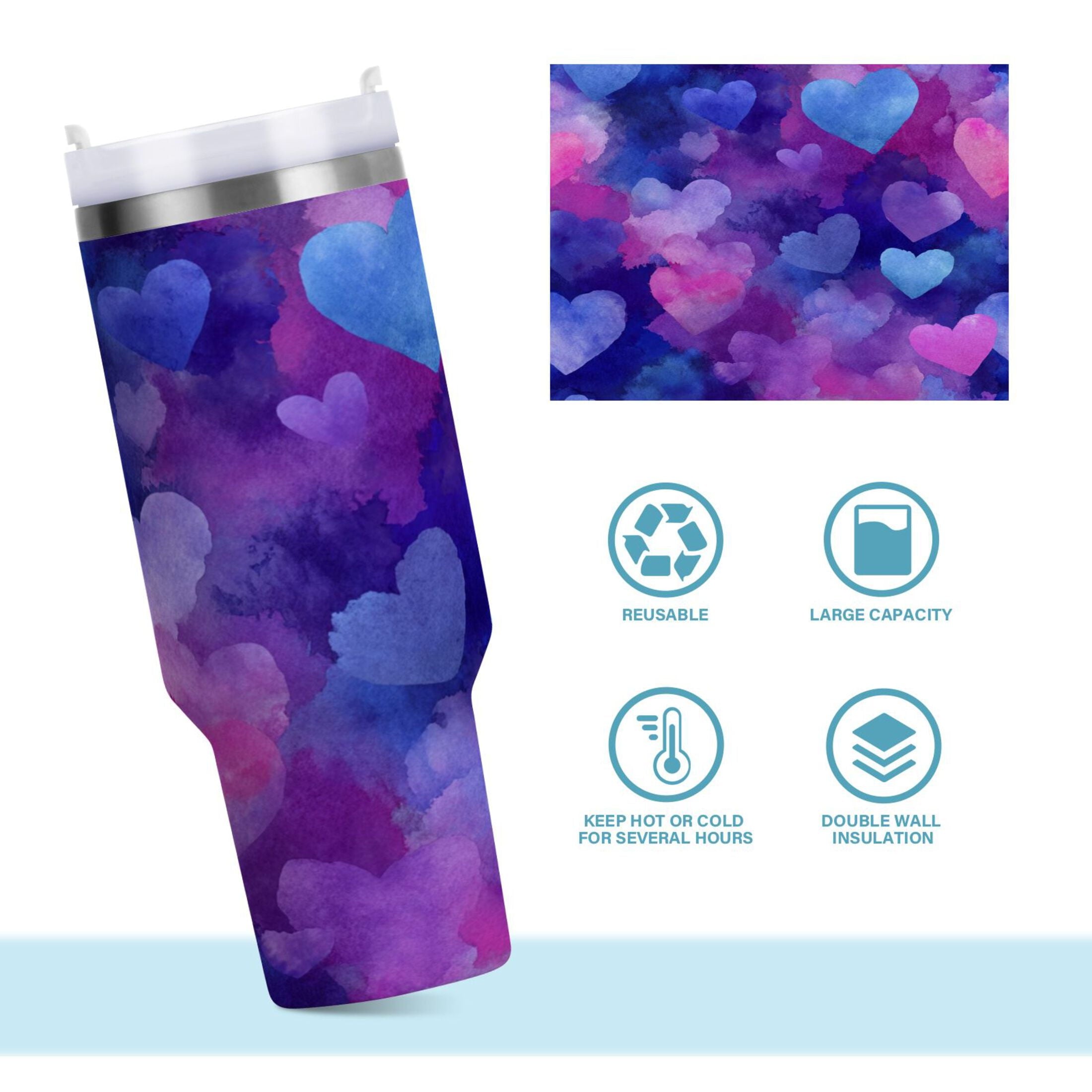 30 oz Insulated Stainless Steel Tumbler Double Wall Stainless Steel Tumbler with 2-Way Drinking Indigo and Violet Hearts - Choice 498