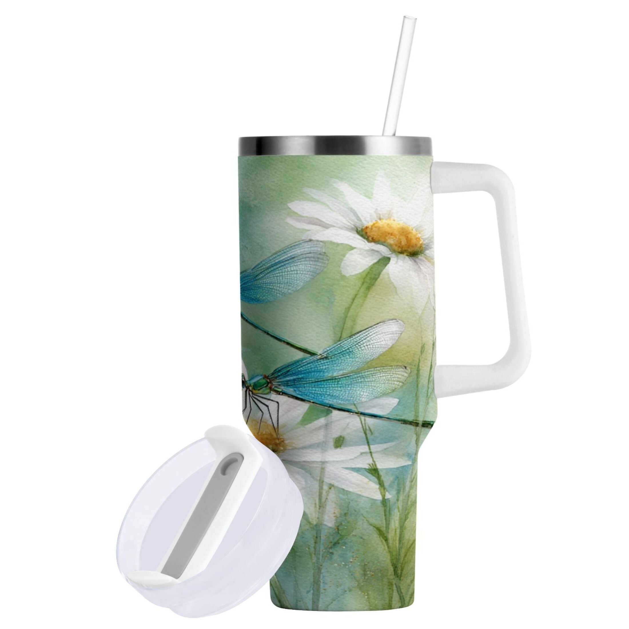 30 oz Insulated Stainless Steel Tumbler Double Wall Stainless Steel Tumbler with 2-Way Drinking Beautiful Dragonflies and Daisies - Choice 224