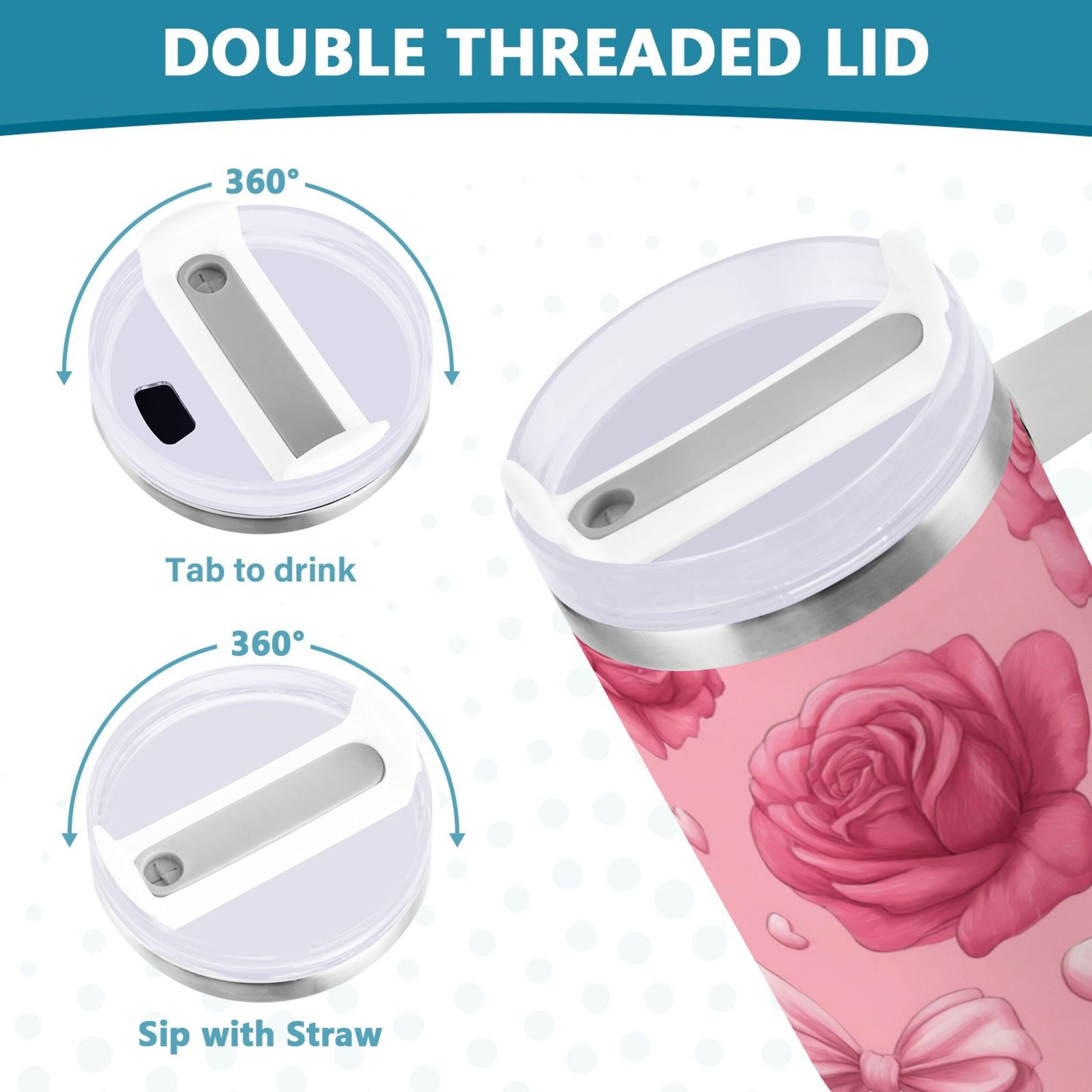 40 oz Insulated Stainless Steel Tumbler Double Wall Stainless Steel Tumbler with 2-Way Drinking Roses and Bows Pattern - Choice 865