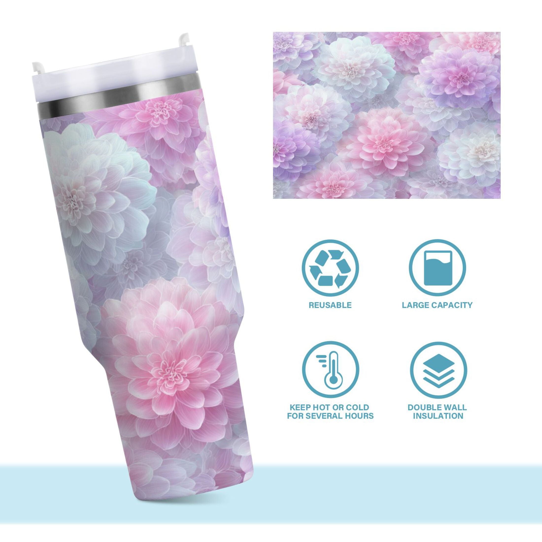 30 oz Insulated Stainless Steel Tumbler Double Wall Stainless Steel Tumbler with 2-Way Drinking Cute Pastel Watercolor Floral - Choice 147