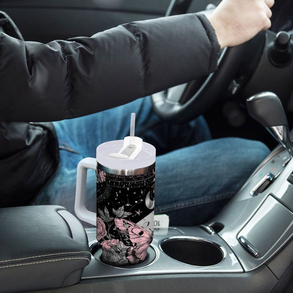 30 oz Insulated Stainless Steel Tumbler Double Wall Stainless Steel Tumbler with 2-Way Drinking Butterfly by Moon and Flowers - Choice 725