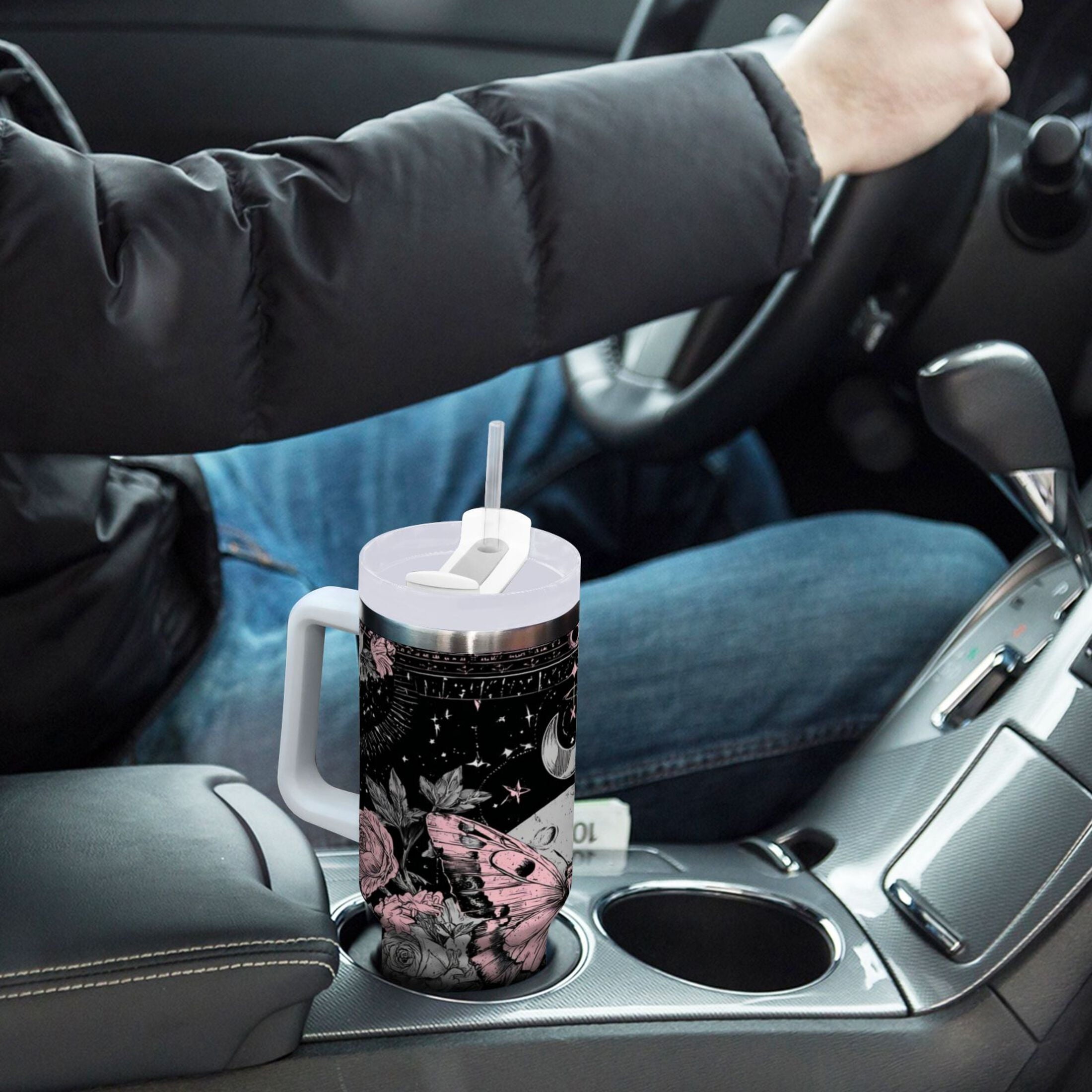30 oz Insulated Stainless Steel Tumbler Double Wall Stainless Steel Tumbler with 2-Way Drinking Butterfly by Moon and Flowers - Choice 725