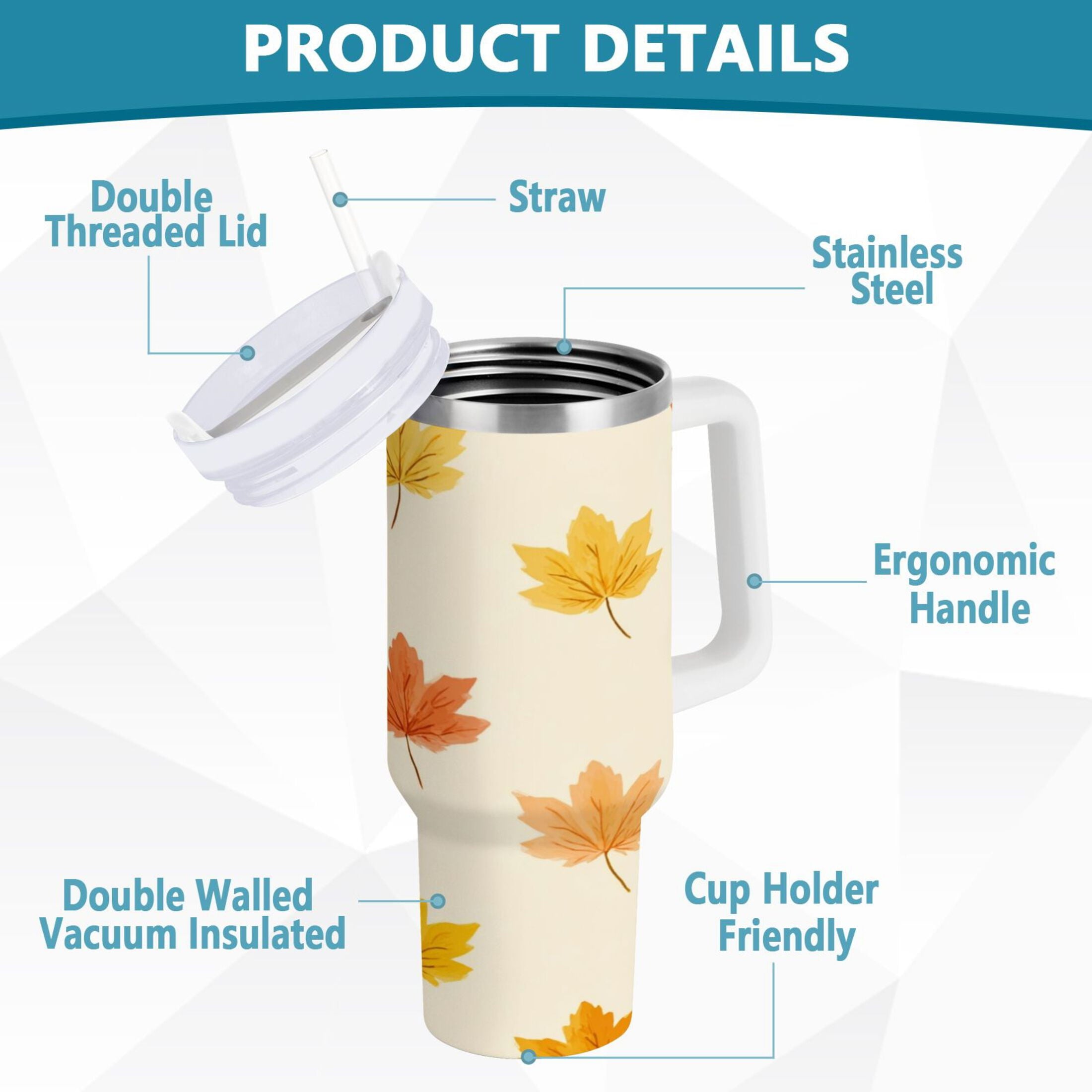 40 oz Insulated Stainless Steel Tumbler Double Wall Stainless Steel Tumbler with 2-Way Drinking Yellow Maple Leaves Pattern - Choice 430