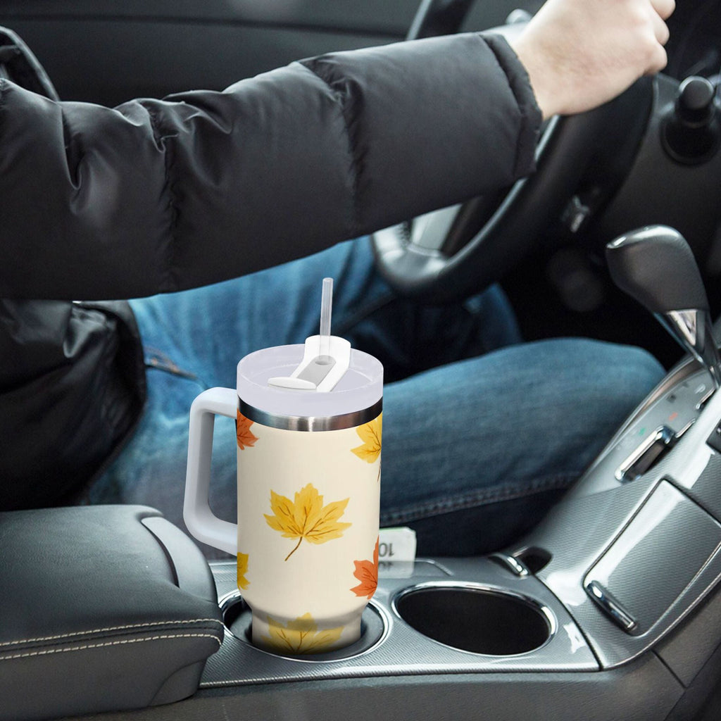 40 oz Insulated Stainless Steel Tumbler Double Wall Stainless Steel Tumbler with 2-Way Drinking Yellow Maple Leaves Pattern - Choice 430