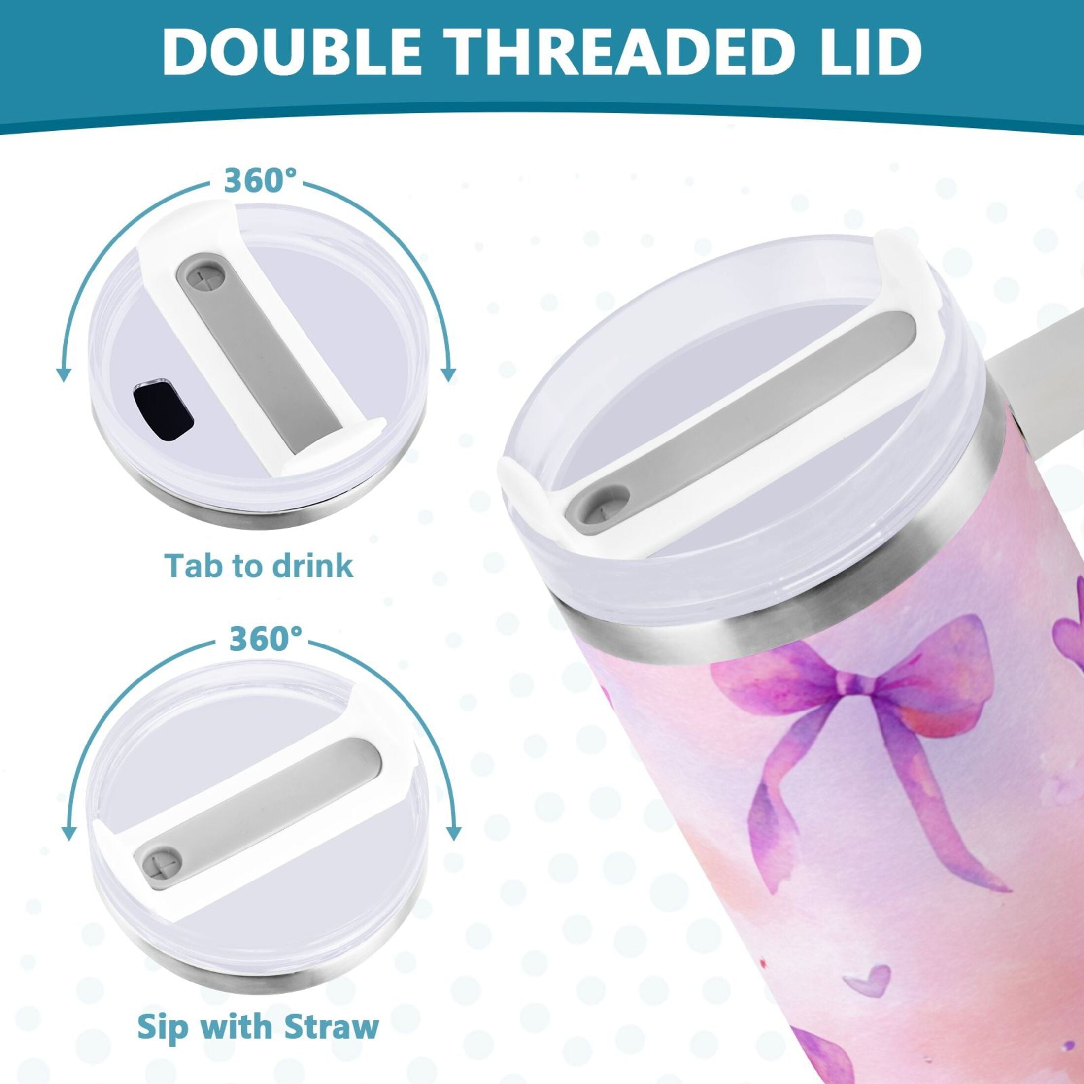 30 oz Insulated Stainless Steel Tumbler Double Wall Stainless Steel Tumbler with 2-Way Drinking Watercolor Purple Bows - Choice 400