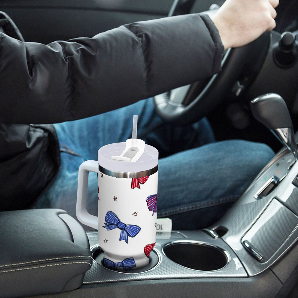 30 oz Insulated Stainless Steel Tumbler Double Wall Stainless Steel Tumbler with 2-Way Drinking Red and Blue Stripe Bows - Choice 637