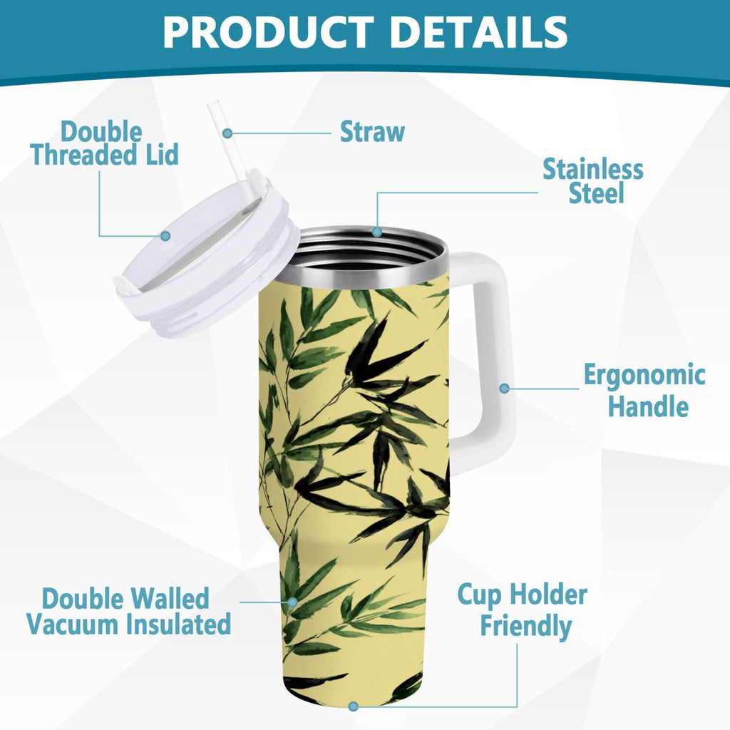 30 oz Insulated Stainless Steel Tumbler Double Wall Stainless Steel Tumbler with 2-Way Drinking Bamboo and Green Leaves - Choice 544