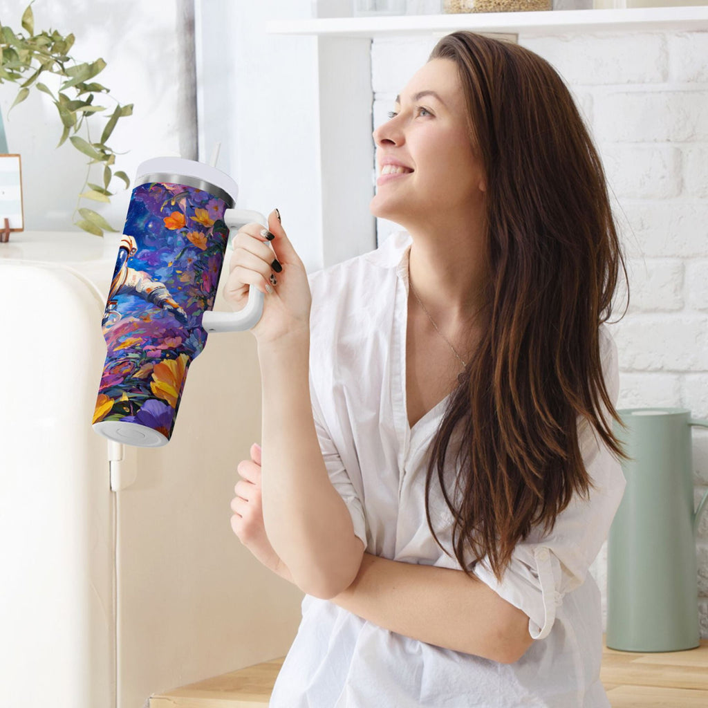 40 oz Insulated Stainless Steel Tumbler Double Wall Stainless Steel Tumbler with 2-Way Drinking Astronaut and Colorful Flowers - Choice 128