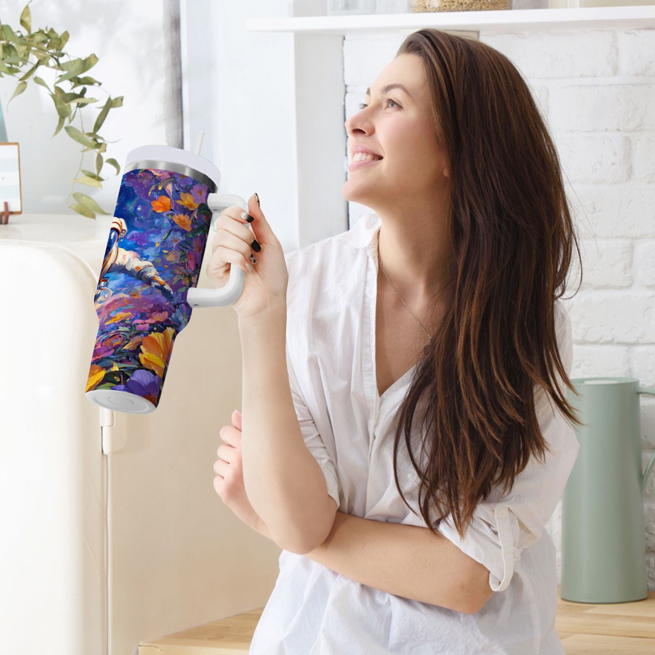 40 oz Insulated Stainless Steel Tumbler Double Wall Stainless Steel Tumbler with 2-Way Drinking Astronaut and Colorful Flowers - Choice 128