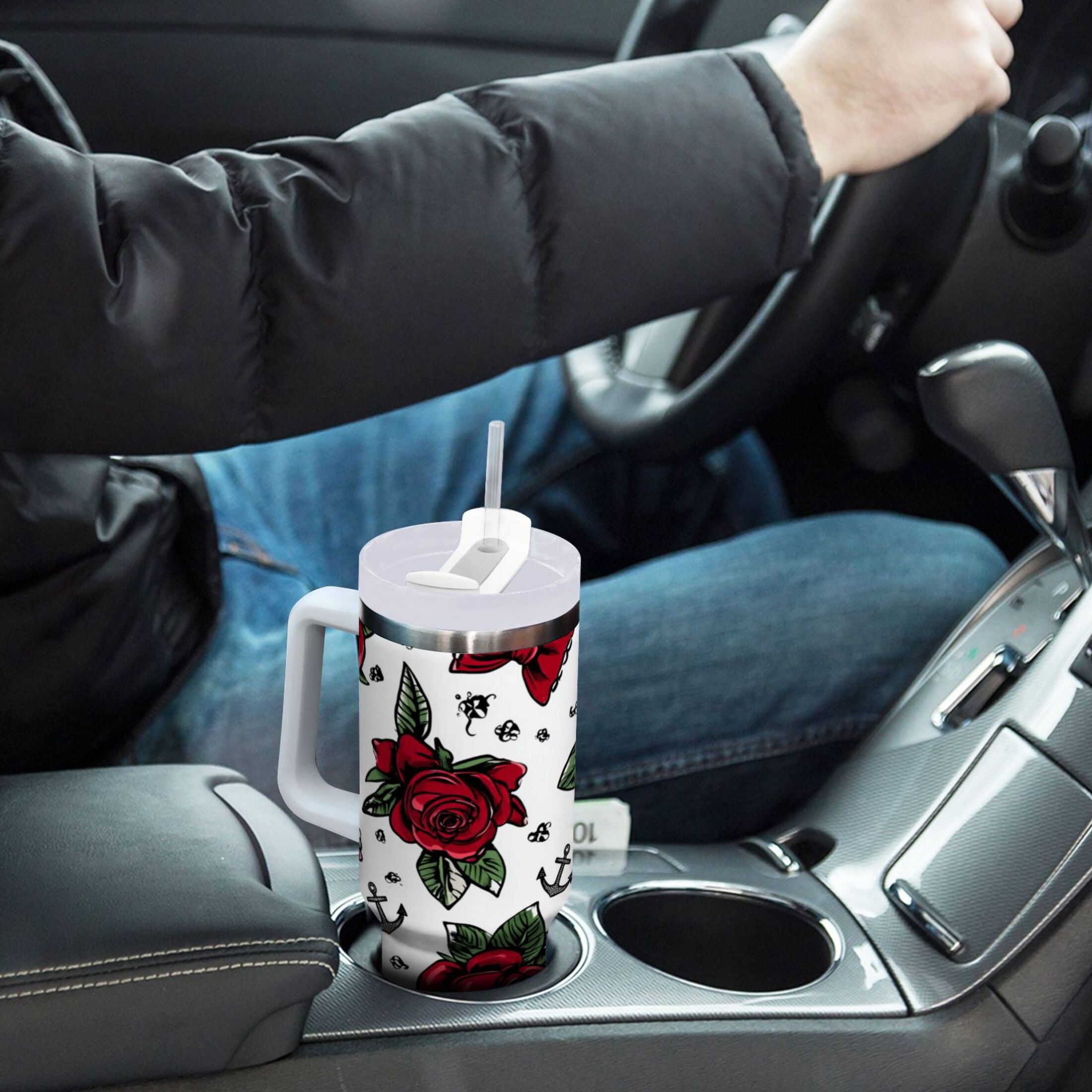40 oz Insulated Stainless Steel Tumbler Double Wall Stainless Steel Tumbler with 2-Way Drinking Red Roses and Cherries - Choice 537
