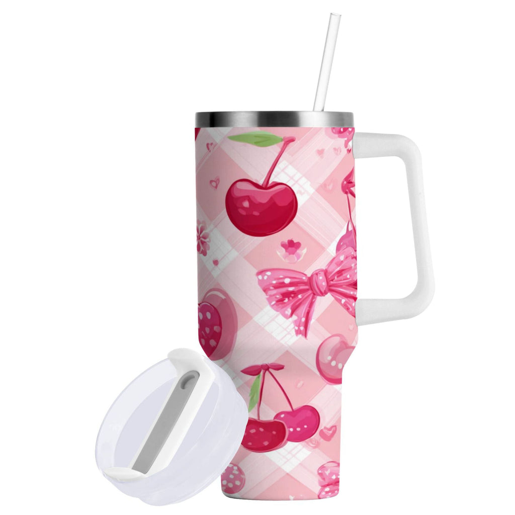 30 oz Insulated Stainless Steel Tumbler Double Wall Stainless Steel Tumbler with 2-Way Drinking Cherry and Pink Bow Pattern - Choice 265