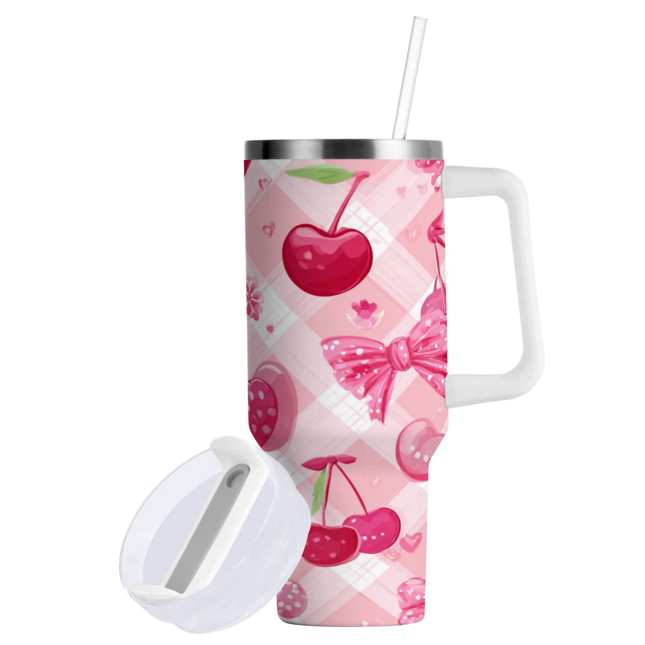 30 oz Insulated Stainless Steel Tumbler Double Wall Stainless Steel Tumbler with 2-Way Drinking Cherry and Pink Bow Pattern - Choice 265