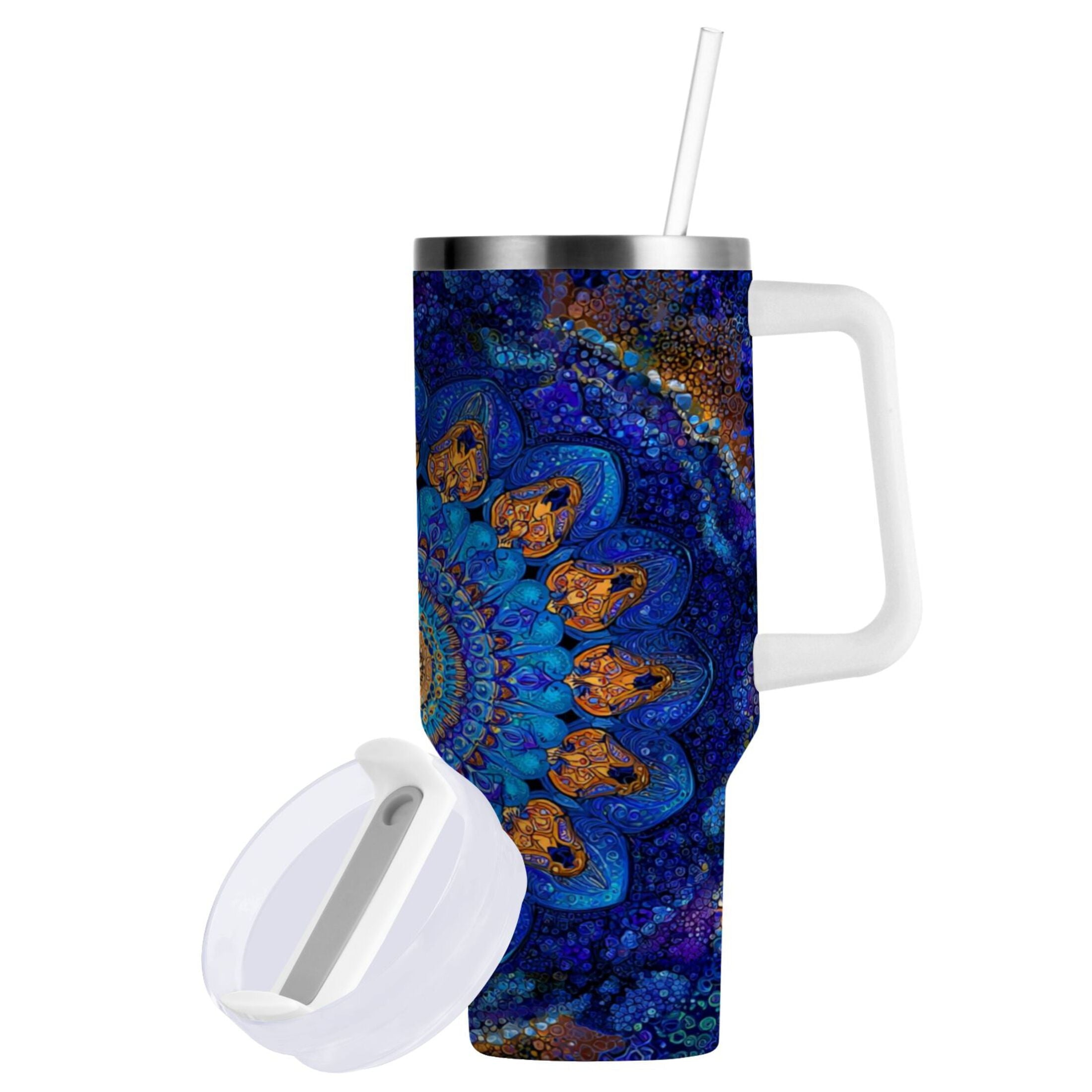 30 oz Insulated Stainless Steel Tumbler Double Wall Stainless Steel Tumbler with 2-Way Drinking Blue Kaleidoscopic Pattern - Choice 421