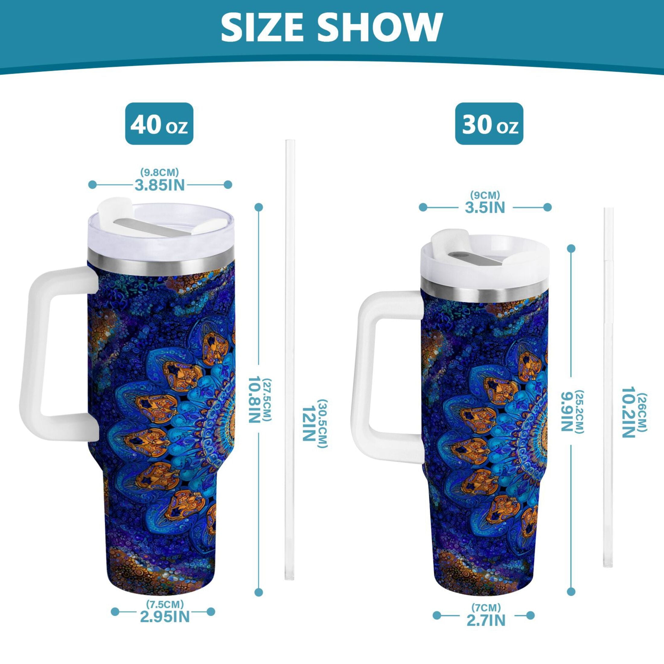 30 oz Insulated Stainless Steel Tumbler Double Wall Stainless Steel Tumbler with 2-Way Drinking Blue Kaleidoscopic Pattern - Choice 421