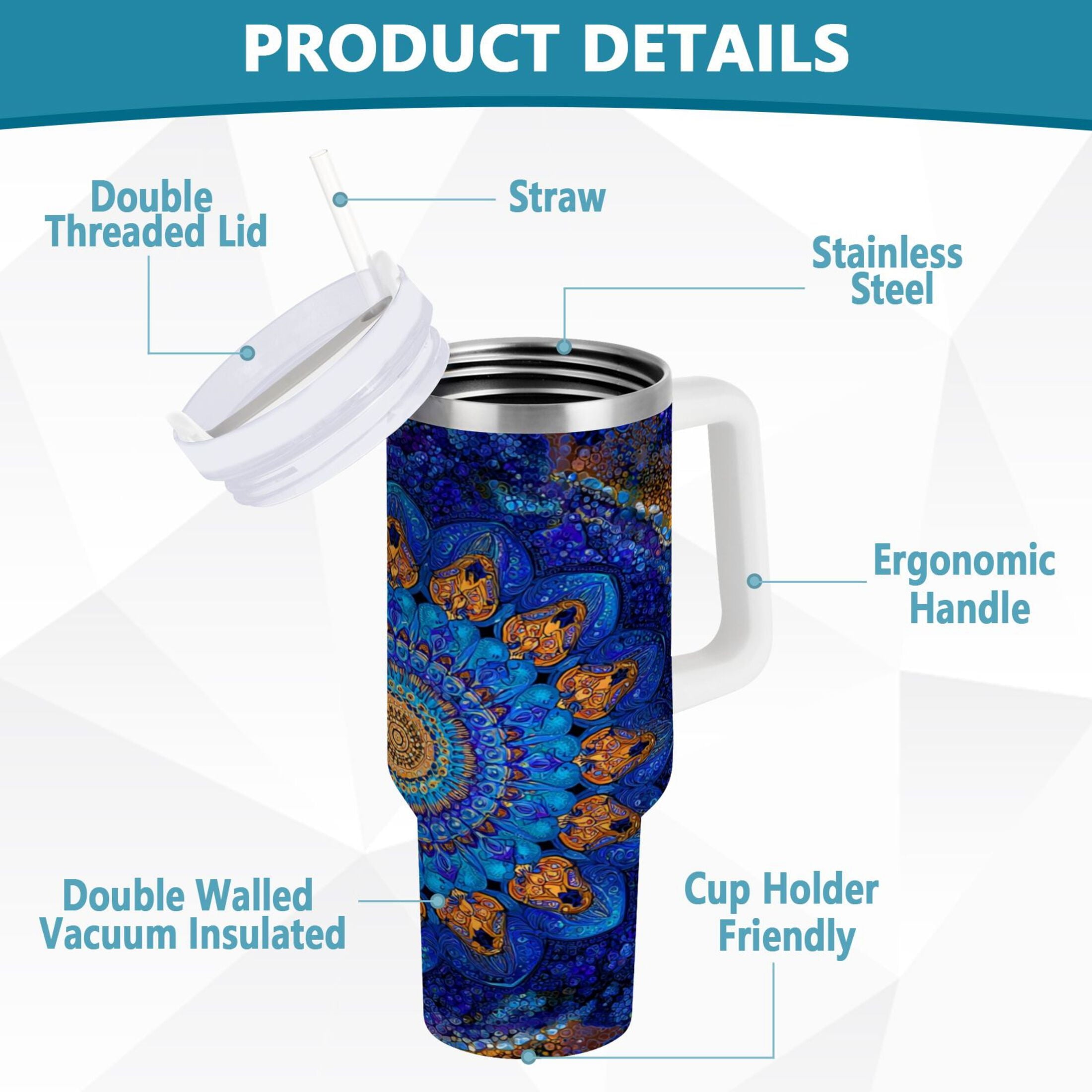 30 oz Insulated Stainless Steel Tumbler Double Wall Stainless Steel Tumbler with 2-Way Drinking Blue Kaleidoscopic Pattern - Choice 421