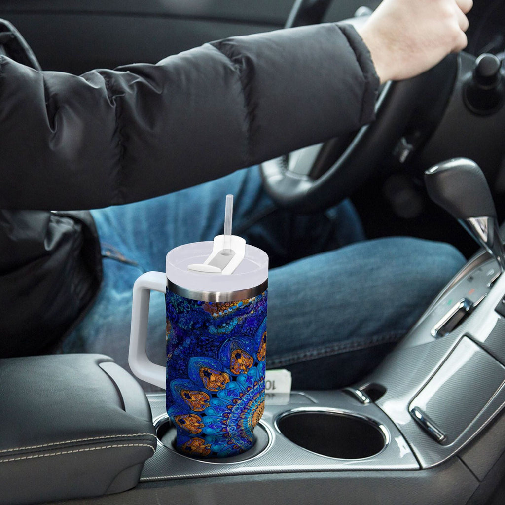 30 oz Insulated Stainless Steel Tumbler Double Wall Stainless Steel Tumbler with 2-Way Drinking Blue Kaleidoscopic Pattern - Choice 421