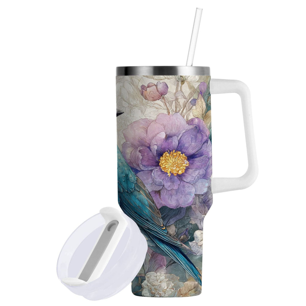 30 oz Insulated Stainless Steel Tumbler Double Wall Stainless Steel Tumbler with 2-Way Drinking Bluebird and Flower - Choice 992