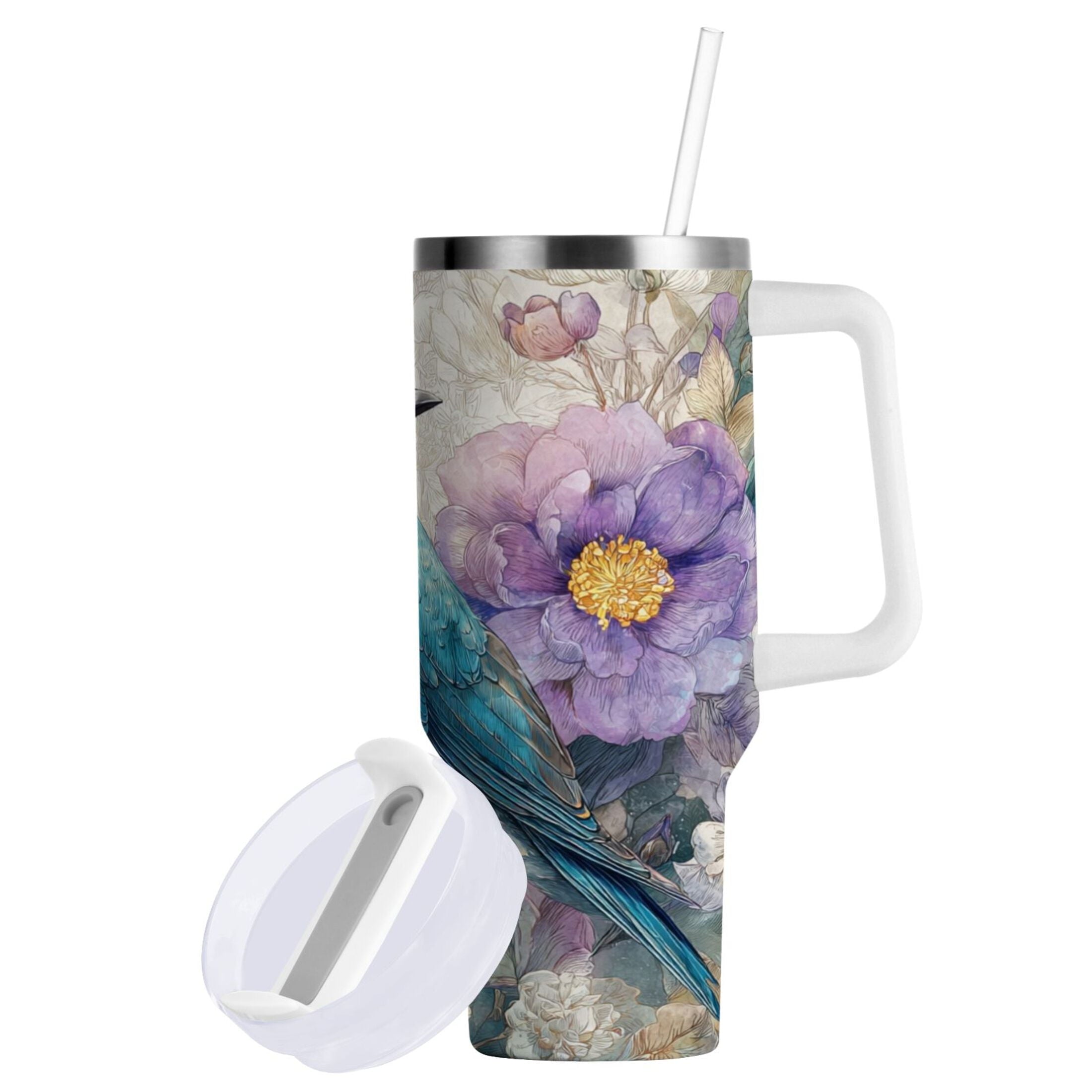 30 oz Insulated Stainless Steel Tumbler Double Wall Stainless Steel Tumbler with 2-Way Drinking Bluebird and Flower - Choice 992