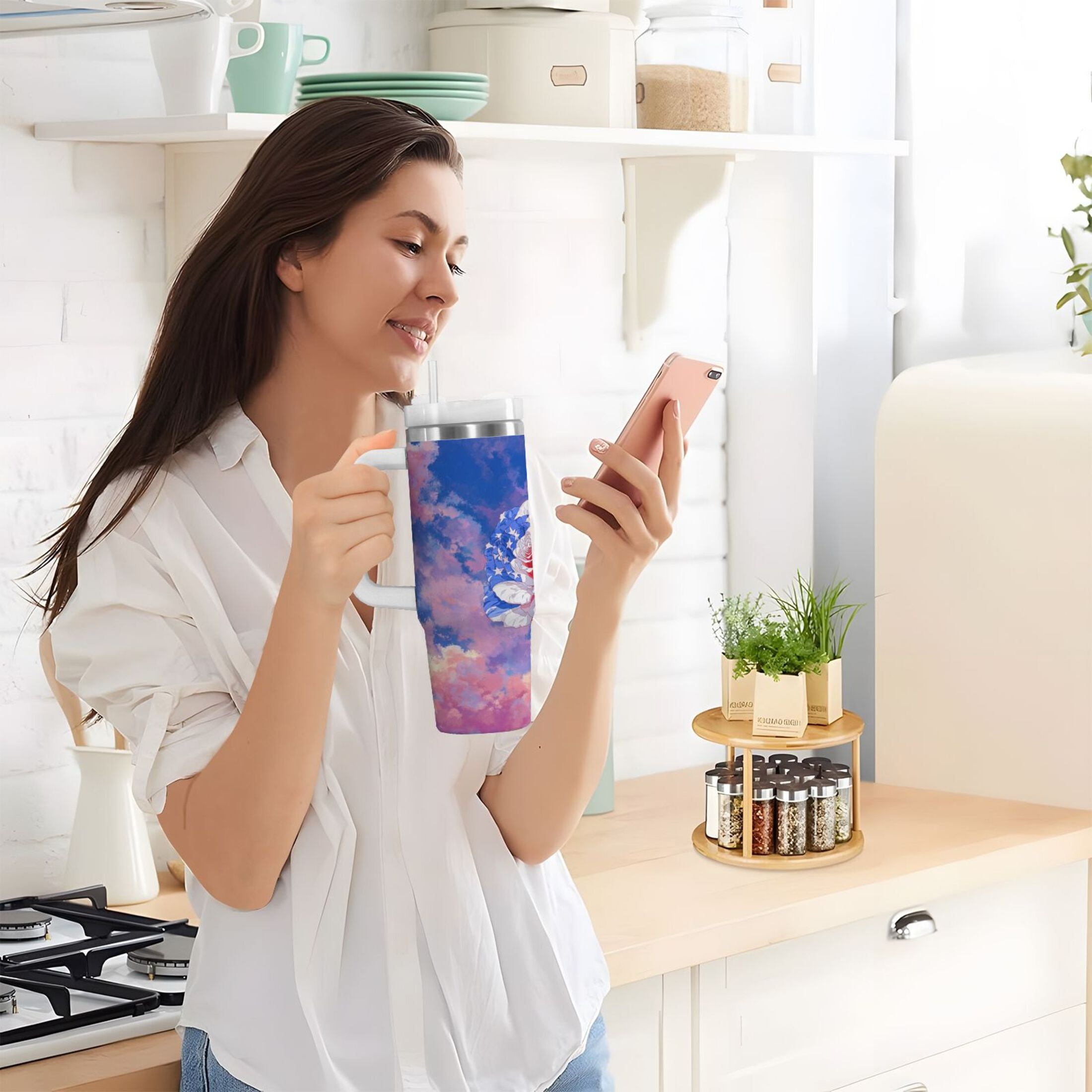 30 oz Insulated Stainless Steel Tumbler Double Wall Stainless Steel Tumbler with 2-Way Drinking Rose with Flag Pattern - Choice 860