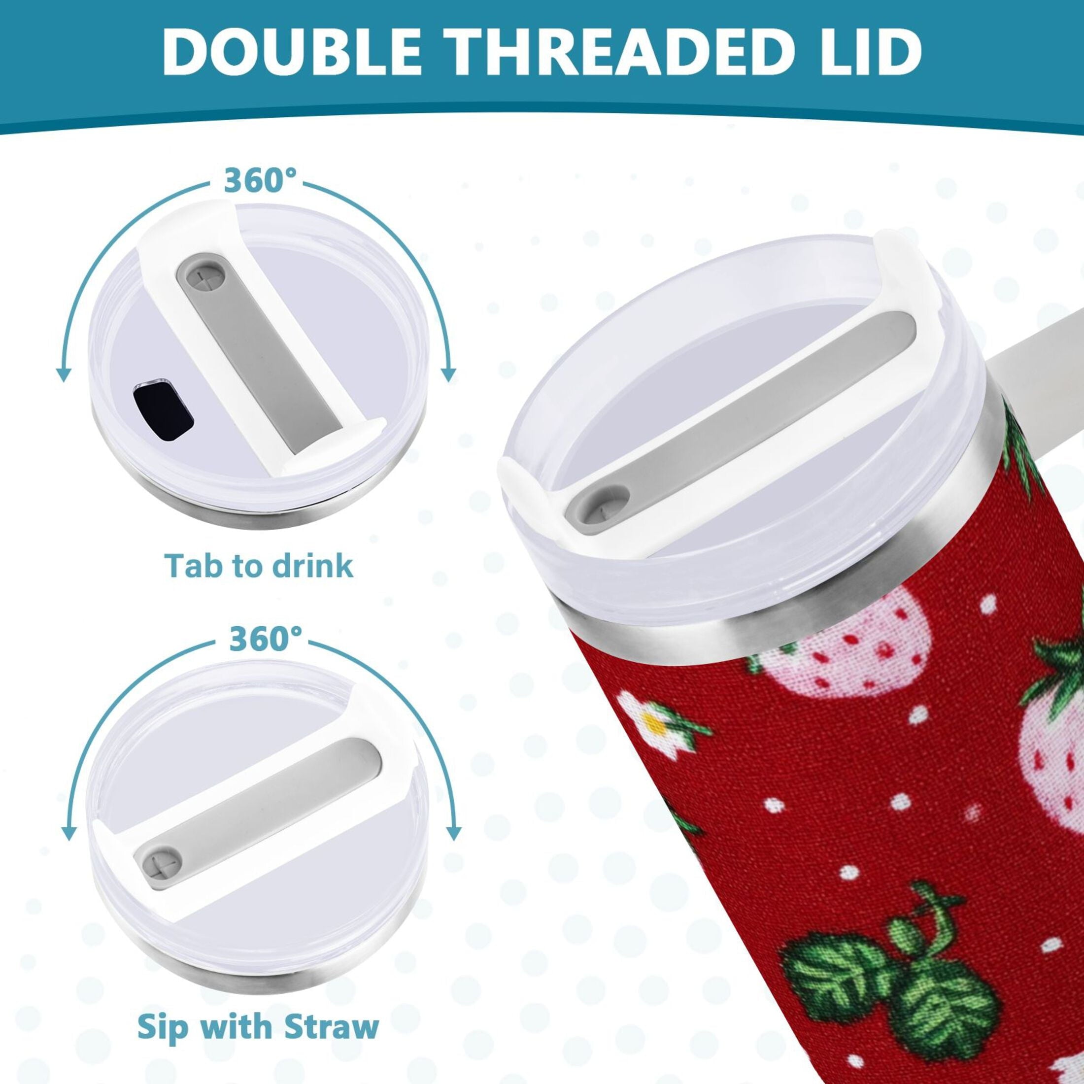 30 oz Insulated Stainless Steel Tumbler Double Wall Stainless Steel Tumbler with 2-Way Drinking Cute Pink Strawberry Pattern - Choice 623