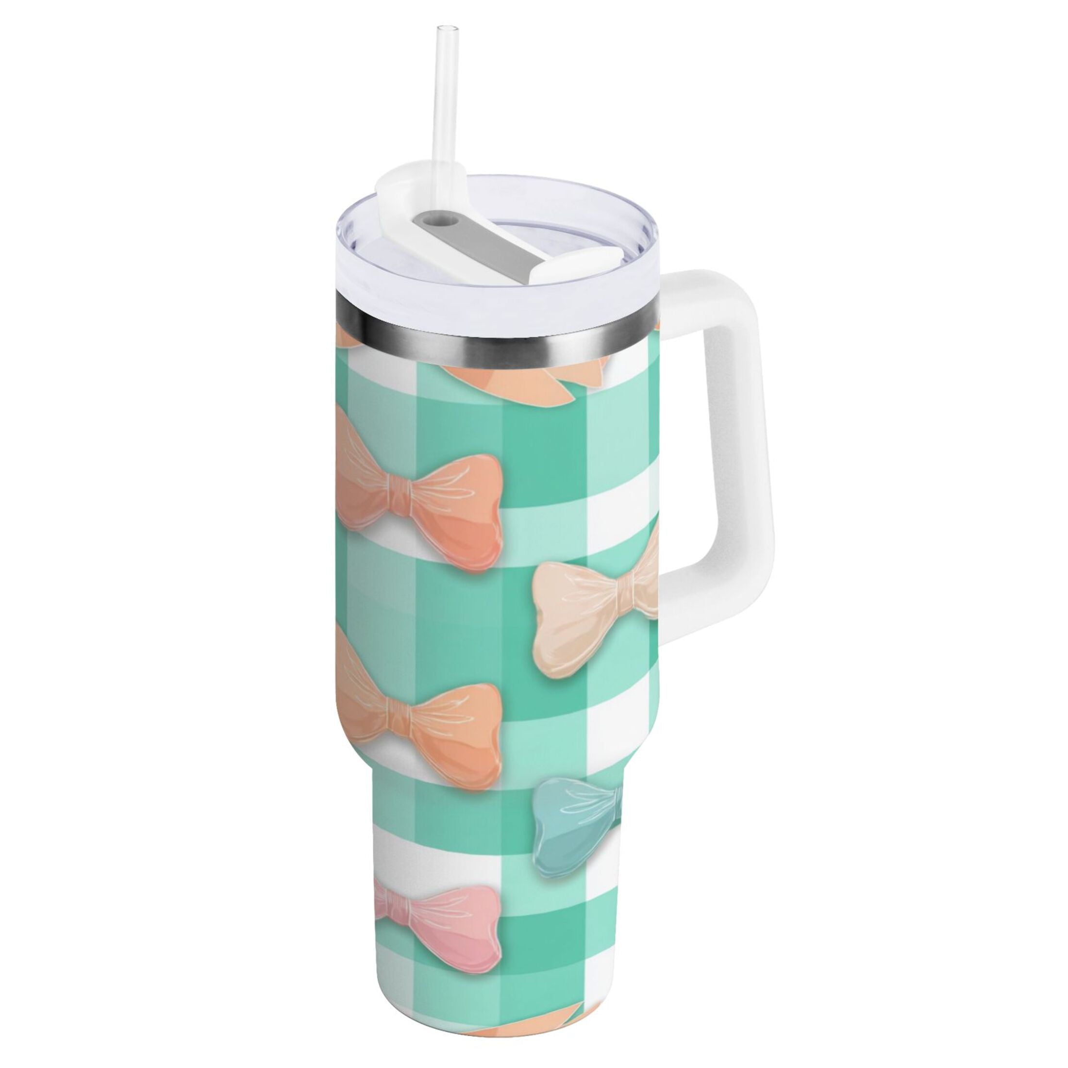 40 oz Insulated Stainless Steel Tumbler Double Wall Stainless Steel Tumbler with 2-Way Drinking Pastel Green and Peach Bows - Choice 182