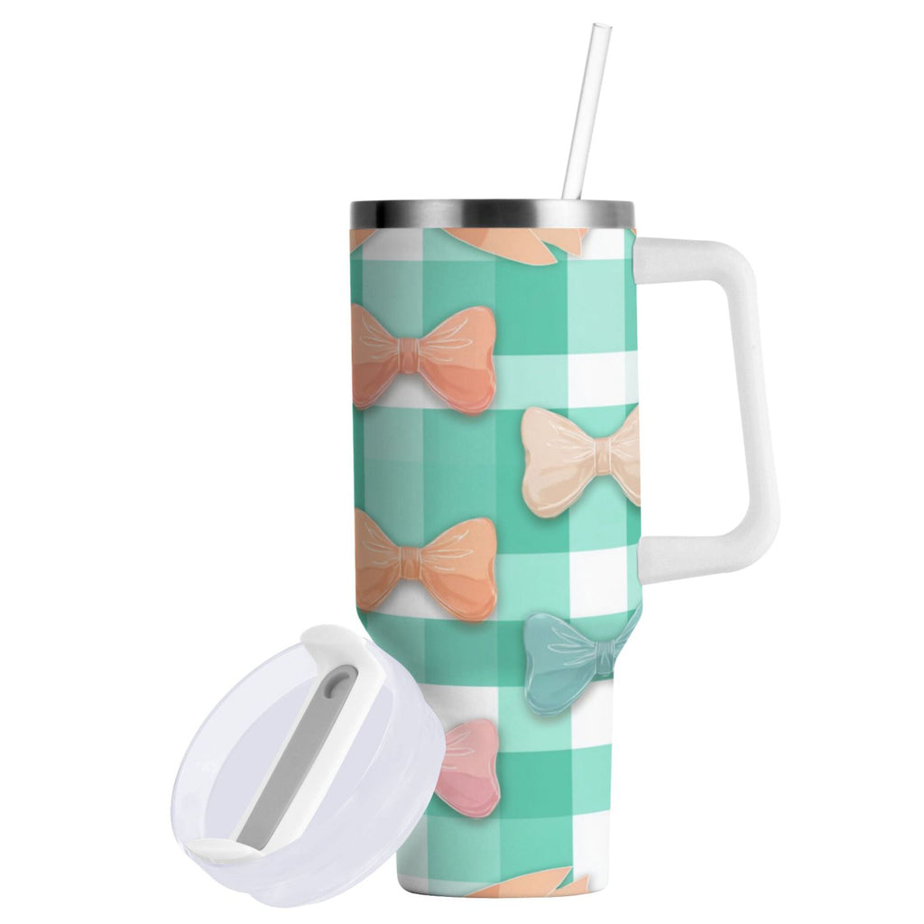 40 oz Insulated Stainless Steel Tumbler Double Wall Stainless Steel Tumbler with 2-Way Drinking Pastel Green and Peach Bows - Choice 182