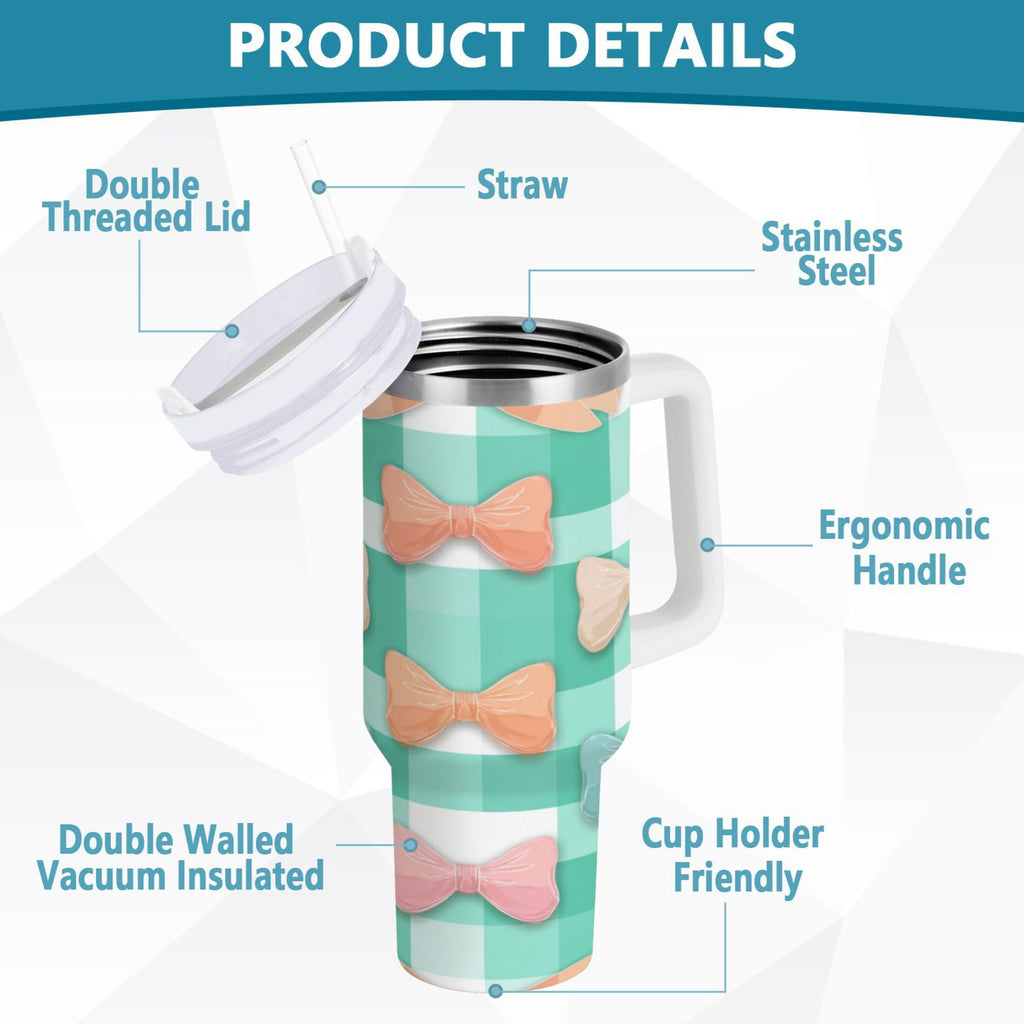 40 oz Insulated Stainless Steel Tumbler Double Wall Stainless Steel Tumbler with 2-Way Drinking Pastel Green and Peach Bows - Choice 182