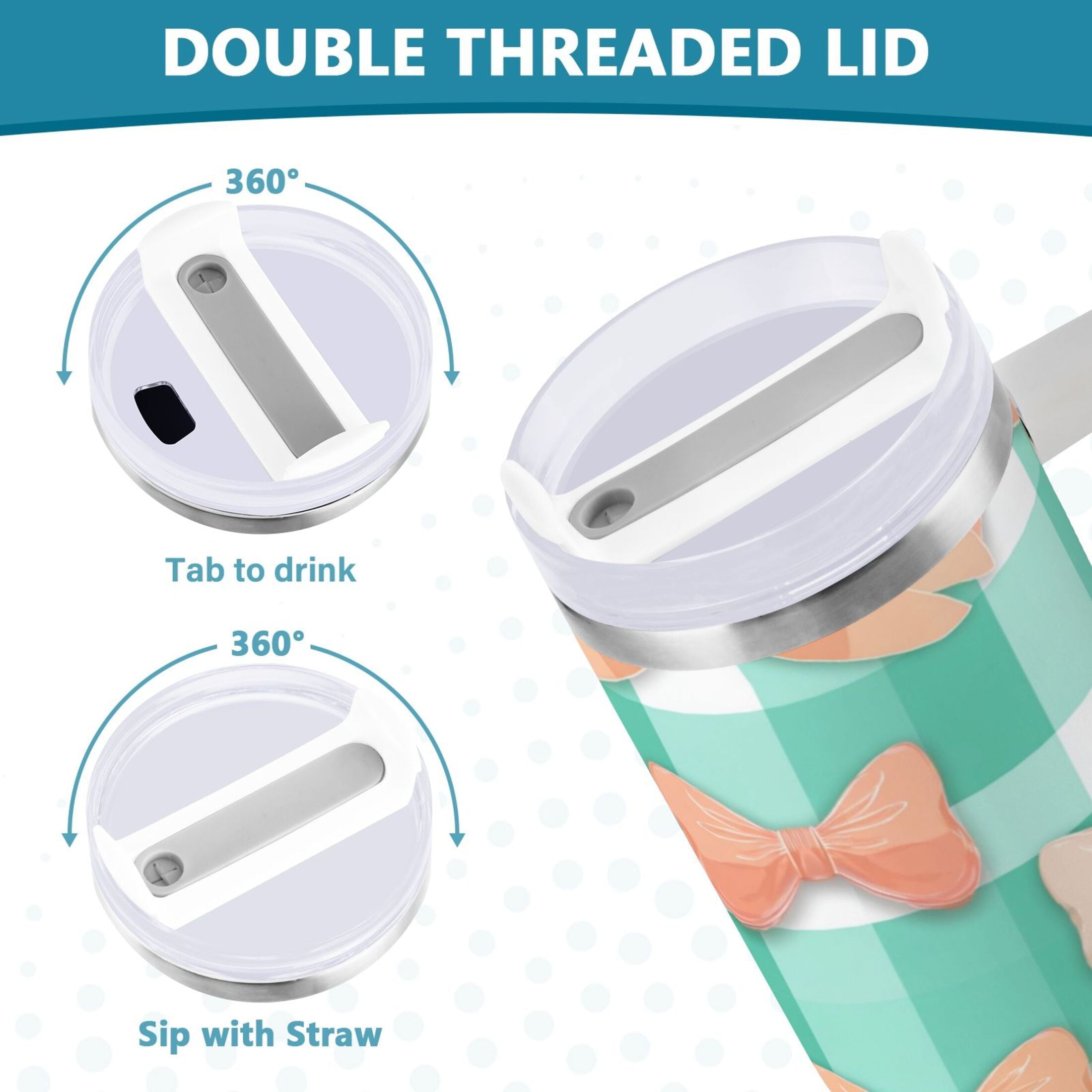 40 oz Insulated Stainless Steel Tumbler Double Wall Stainless Steel Tumbler with 2-Way Drinking Pastel Green and Peach Bows - Choice 182