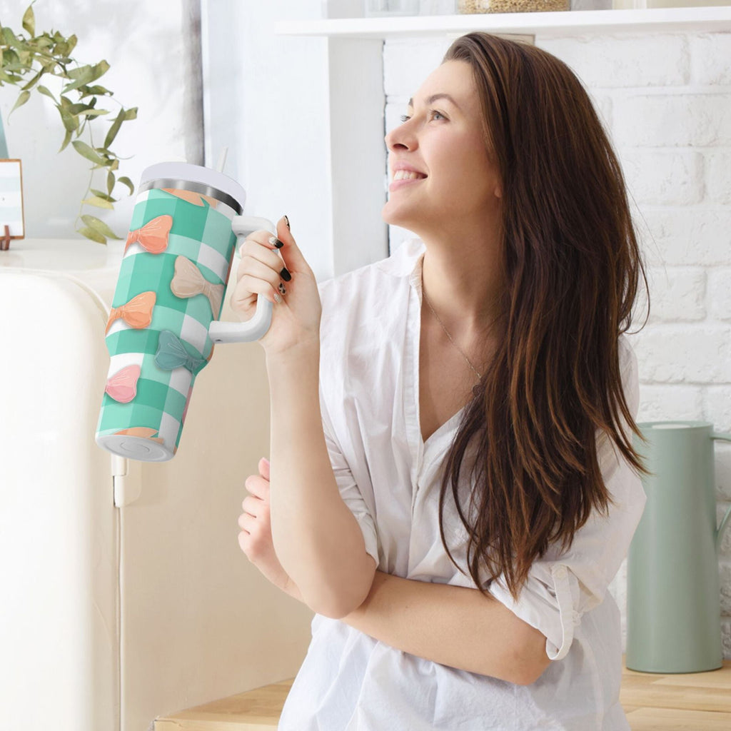 40 oz Insulated Stainless Steel Tumbler Double Wall Stainless Steel Tumbler with 2-Way Drinking Pastel Green and Peach Bows - Choice 182