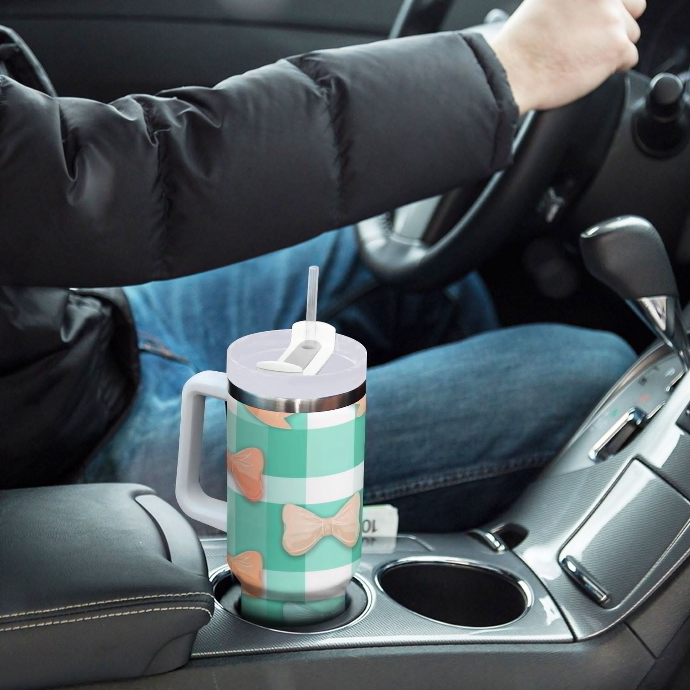 40 oz Insulated Stainless Steel Tumbler Double Wall Stainless Steel Tumbler with 2-Way Drinking Pastel Green and Peach Bows - Choice 182