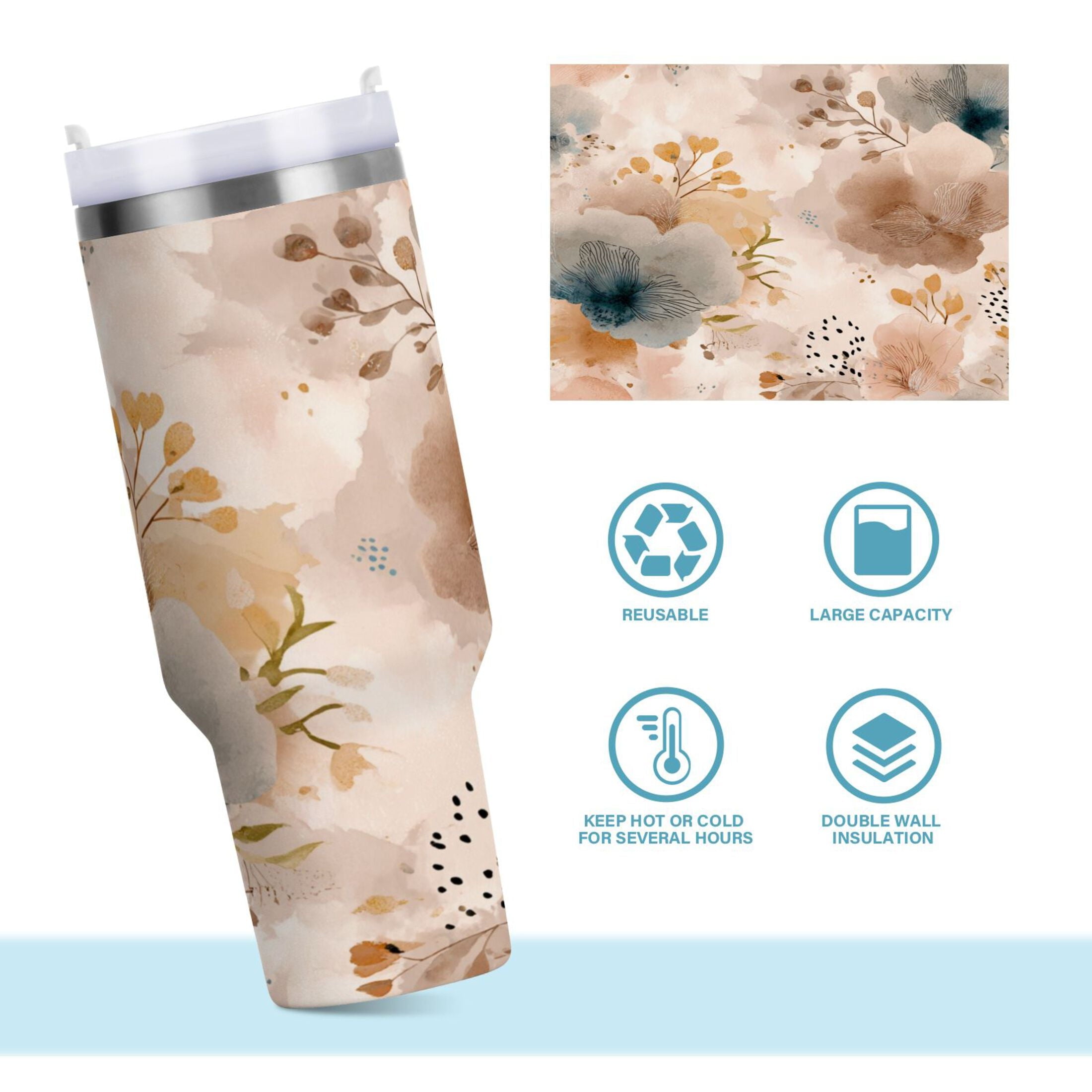30 oz Insulated Stainless Steel Tumbler Double Wall Stainless Steel Tumbler with 2-Way Drinking Hazy Ethereal Flowers - Choice 362