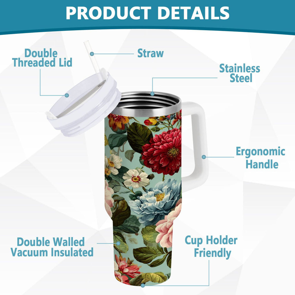 40 oz Insulated Stainless Steel Tumbler Double Wall Stainless Steel Tumbler with 2-Way Drinking Floral Pattern with Roses - Choice 396