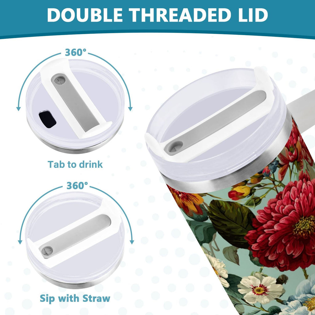 40 oz Insulated Stainless Steel Tumbler Double Wall Stainless Steel Tumbler with 2-Way Drinking Floral Pattern with Roses - Choice 396