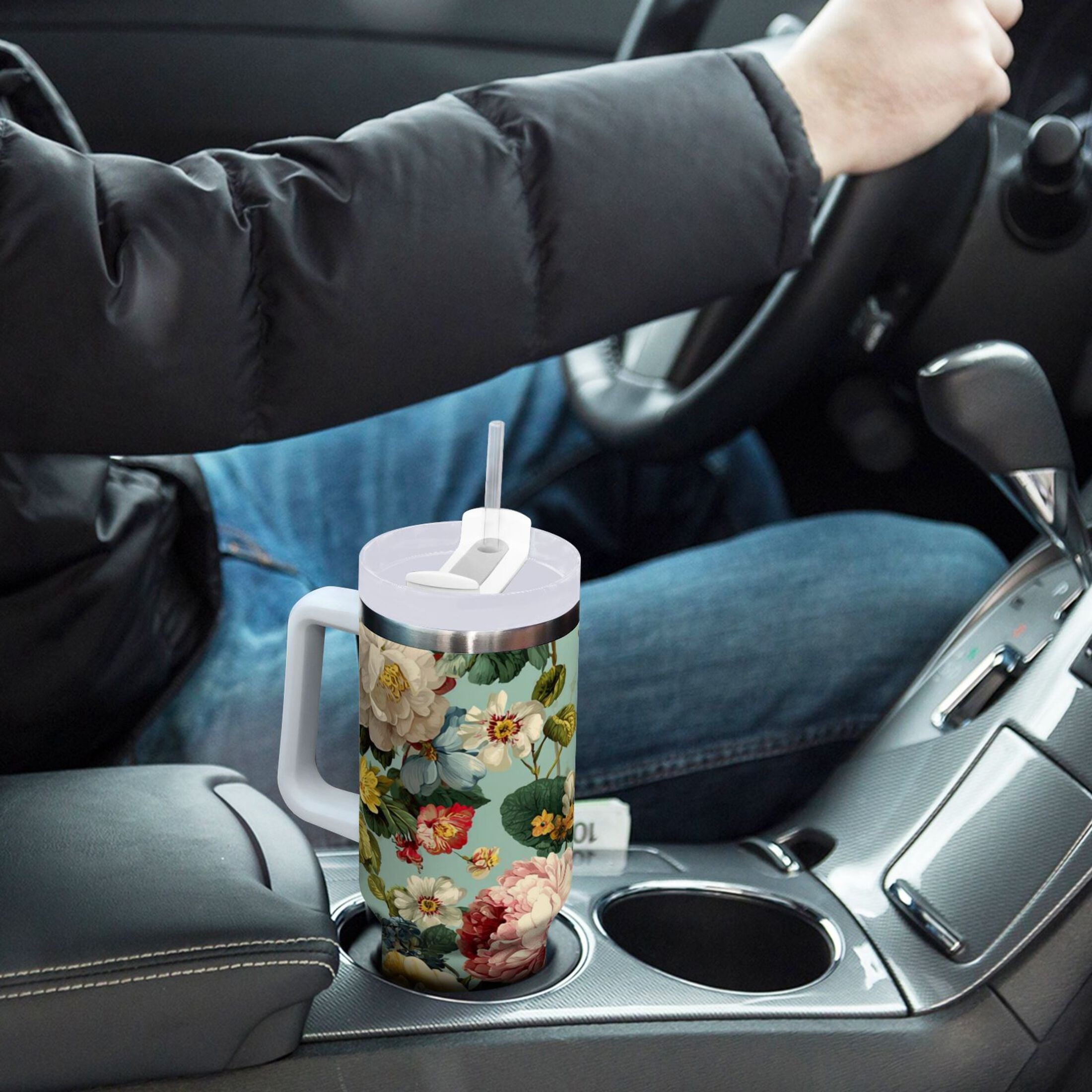 40 oz Insulated Stainless Steel Tumbler Double Wall Stainless Steel Tumbler with 2-Way Drinking Floral Pattern with Roses - Choice 396
