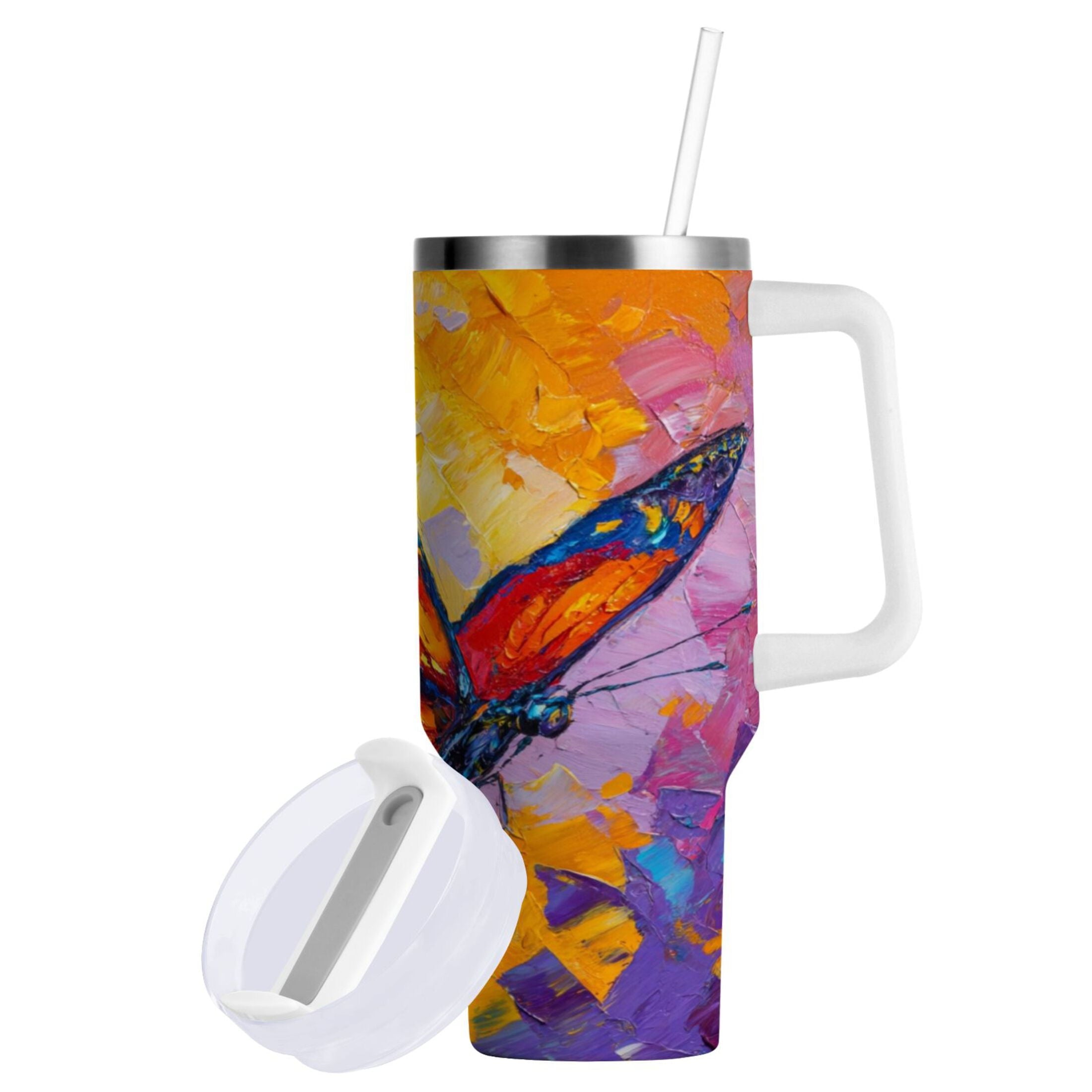 30 oz Insulated Stainless Steel Tumbler Double Wall Stainless Steel Tumbler with 2-Way Drinking Colorful Butterfly Flying - Choice 659