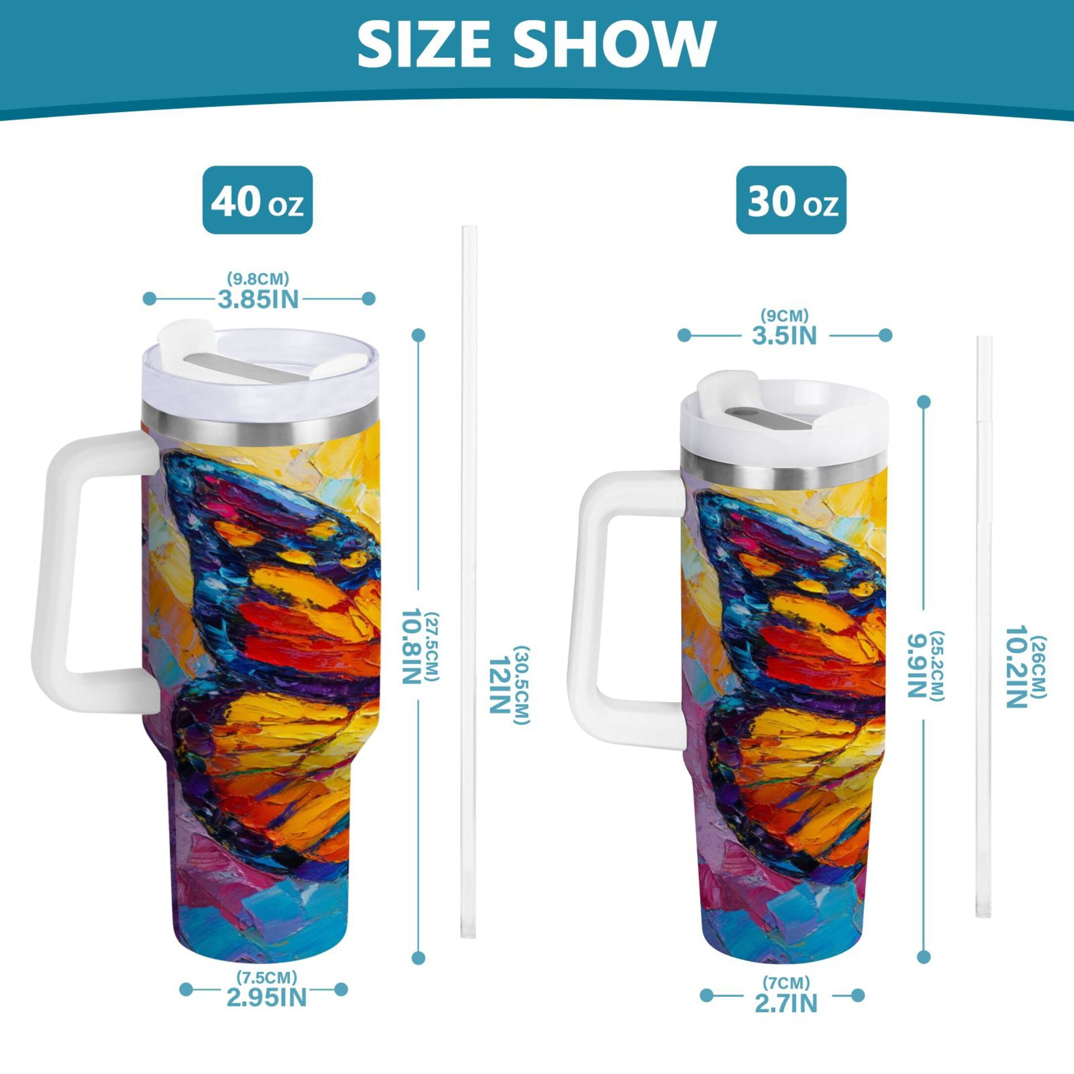 30 oz Insulated Stainless Steel Tumbler Double Wall Stainless Steel Tumbler with 2-Way Drinking Colorful Butterfly Flying - Choice 659