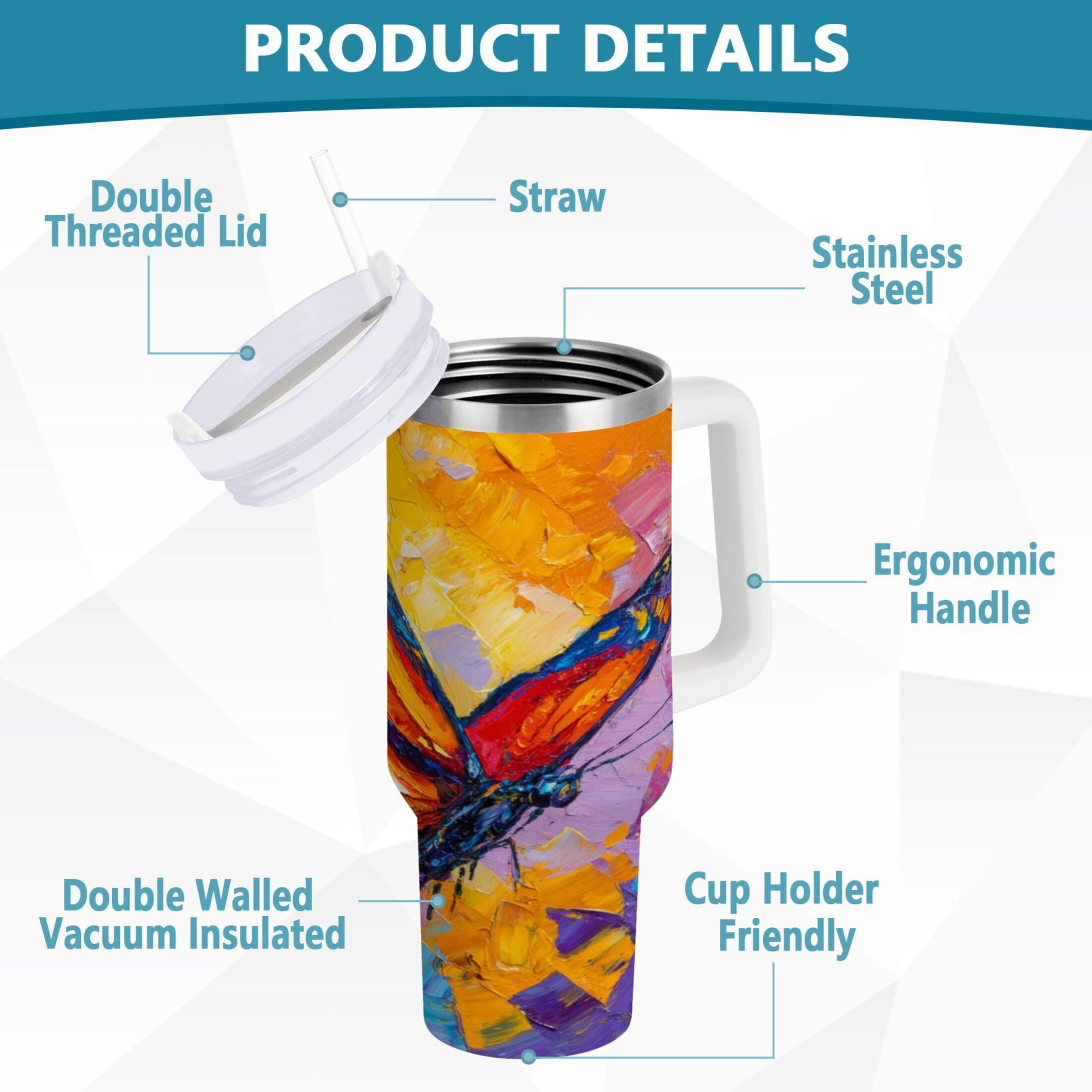 30 oz Insulated Stainless Steel Tumbler Double Wall Stainless Steel Tumbler with 2-Way Drinking Colorful Butterfly Flying - Choice 659
