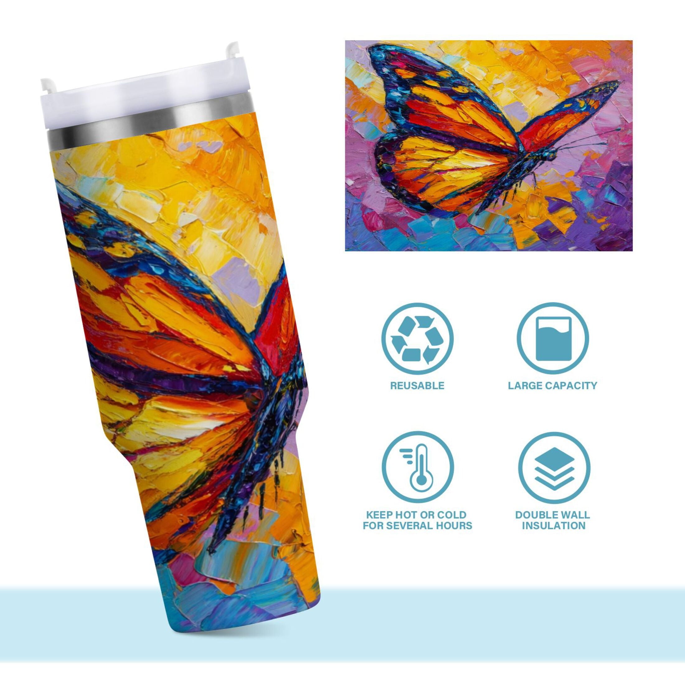 30 oz Insulated Stainless Steel Tumbler Double Wall Stainless Steel Tumbler with 2-Way Drinking Colorful Butterfly Flying - Choice 659